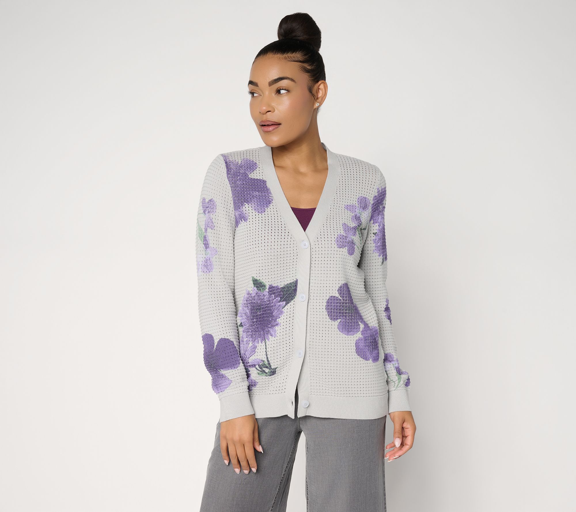 "As Is" Susan Graver Printed Wild Flower Sweater Cardigan