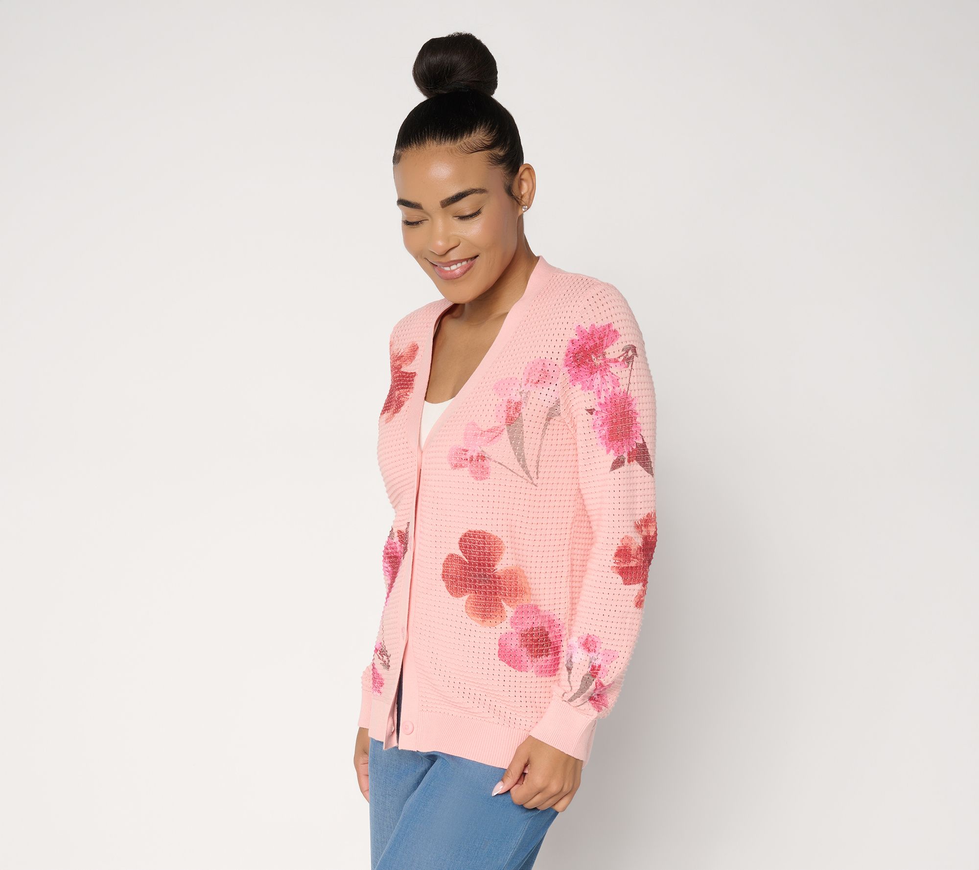 "As Is" Susan Graver Printed Wild Flower Sweater Cardigan