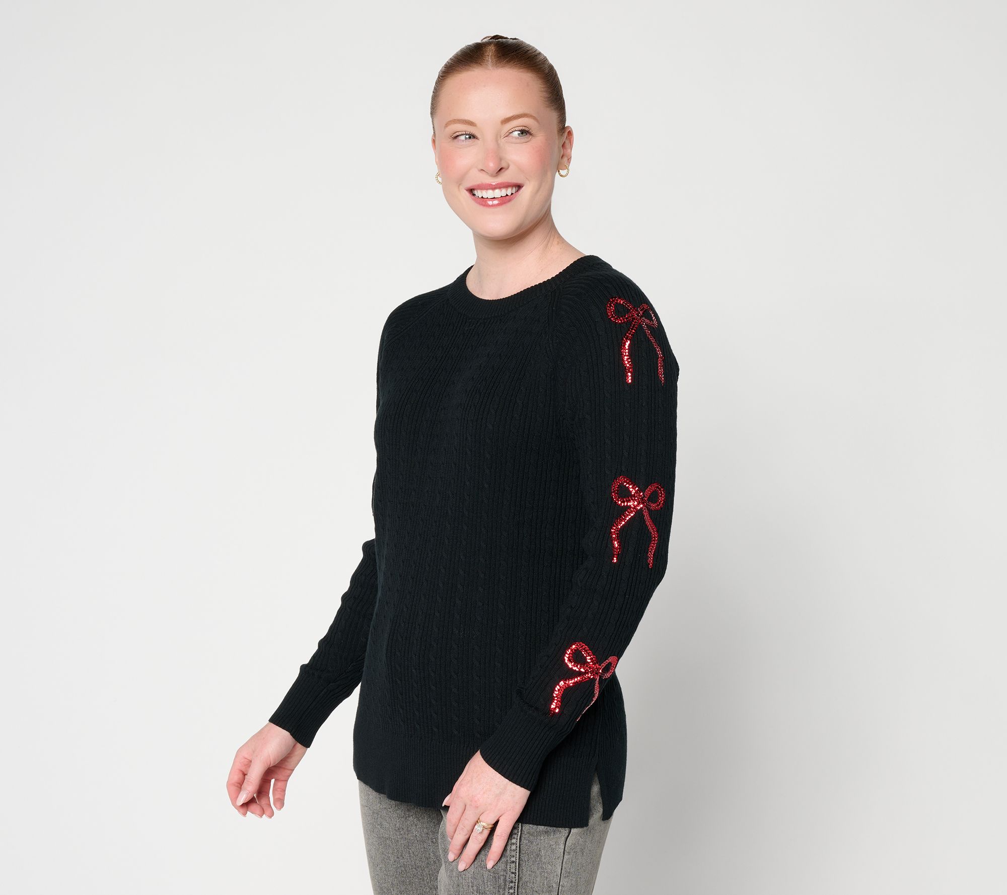 Jingle Belles by Kim Gravel Bow Me Away Sequin Sleeve Sweater