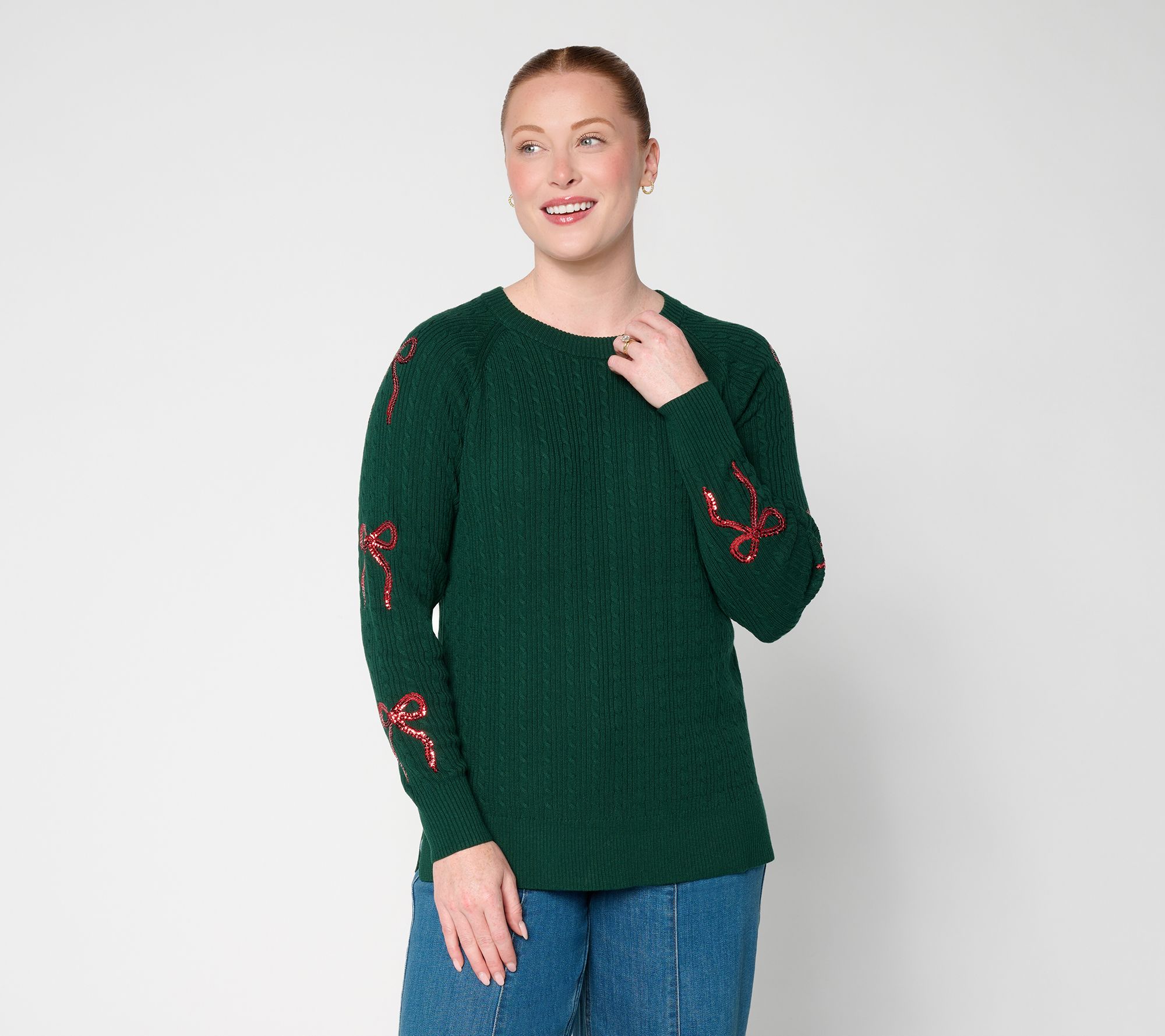 Jingle Belles by Kim Gravel Bow Me Away Sequin Sleeve Sweater