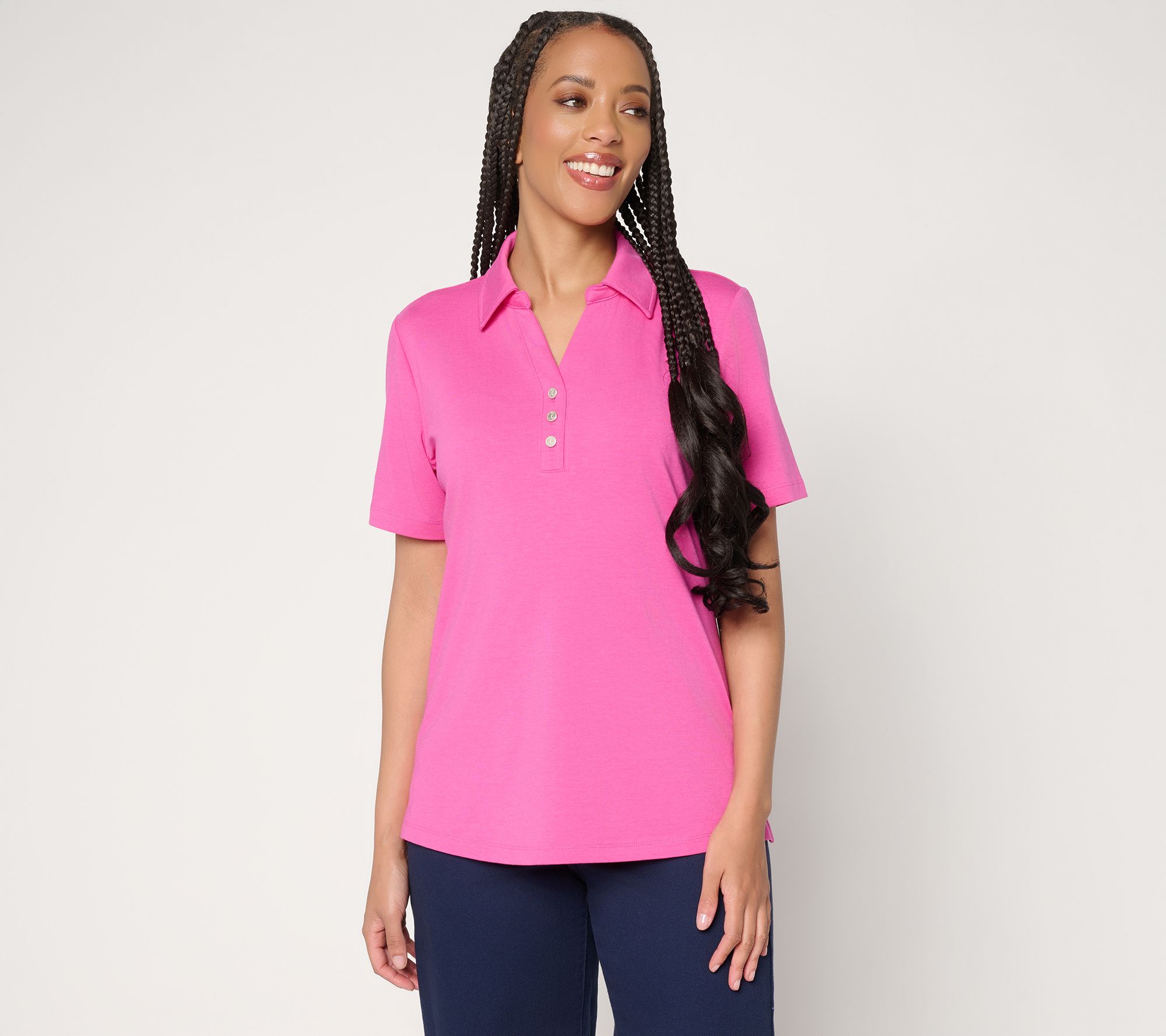 "As Is" Denim & Co. Favorite Jersey Collared Split Neck Short Slv Top