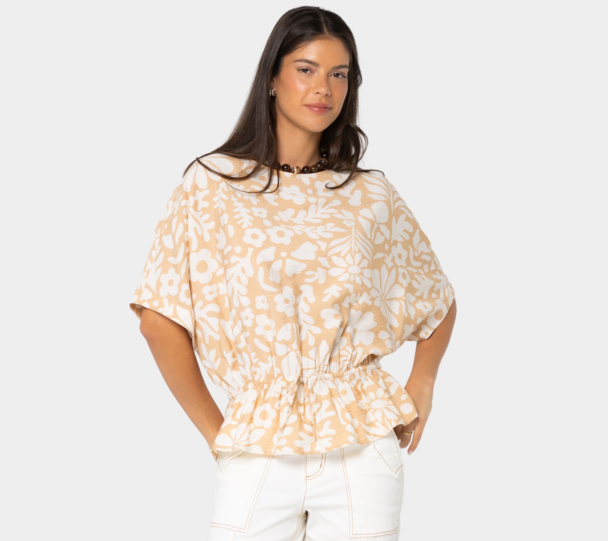 "As Is" Peace Love World Boheme Printed Boat Neck Top w/ Cinch Waist