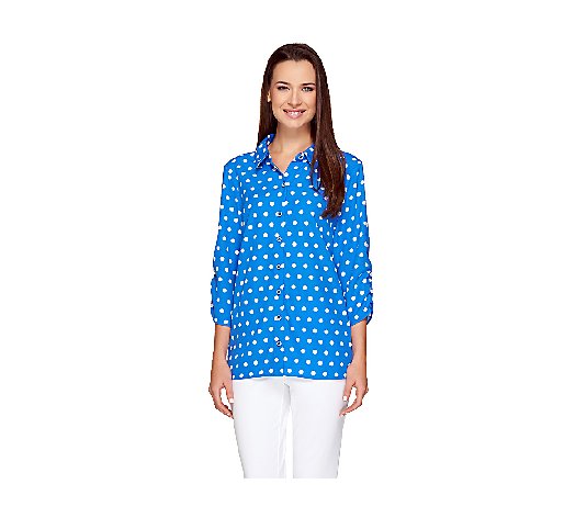 Susan Graver Cool Peach Polka Dot Shirt with Ruched Sleeves