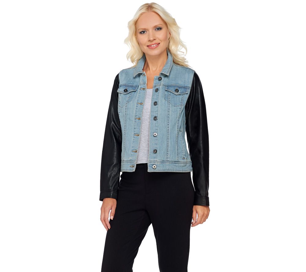 Lisa Rinna Collection Denim Jacket with Faux Leather Sleeves - QVC.com