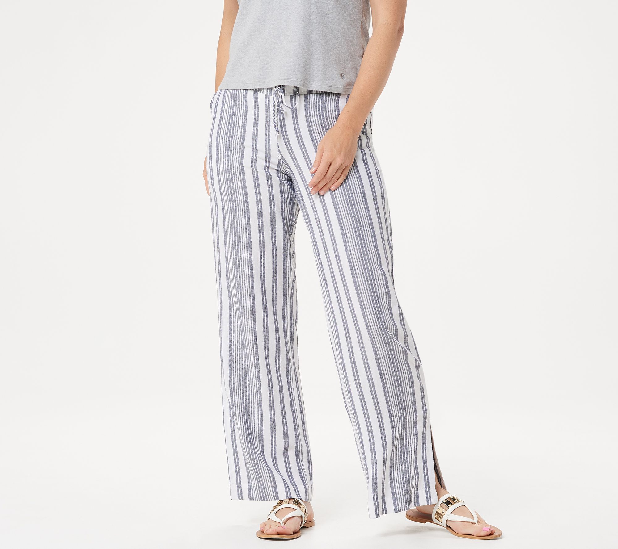Side Stitch Petite Striped Linen Blend Pull-On Wide-Leg Pants - QVC.com