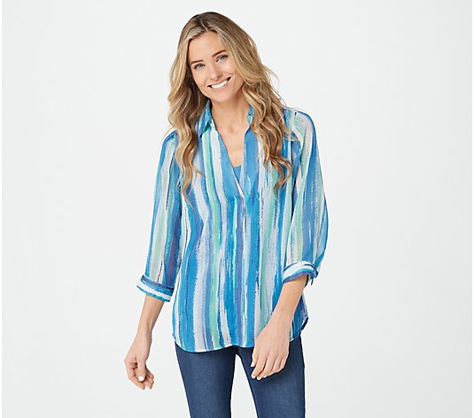 "As Is" Belle by Kim Gravel Watercolor Striped Blouse w/ Tank Inset