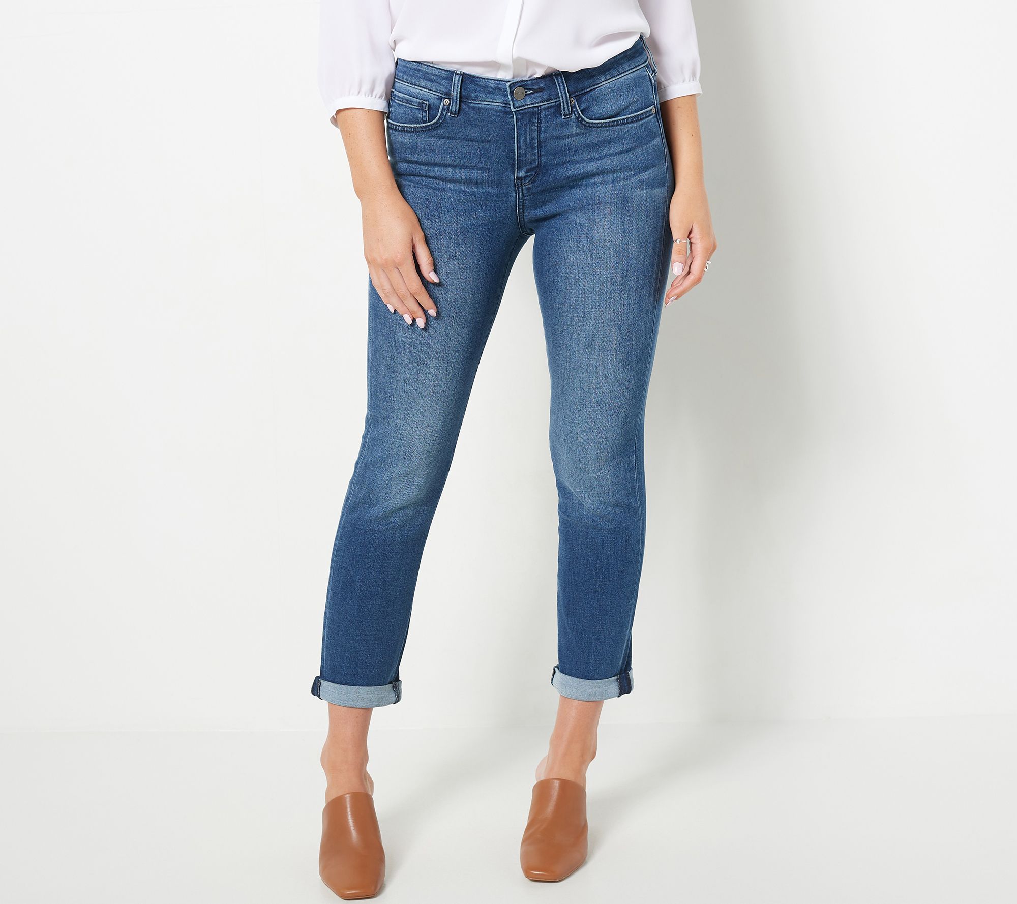 NYDJ Sheri Slim Ankle Jeans with Roll Cuff- Bluewell - QVC.com