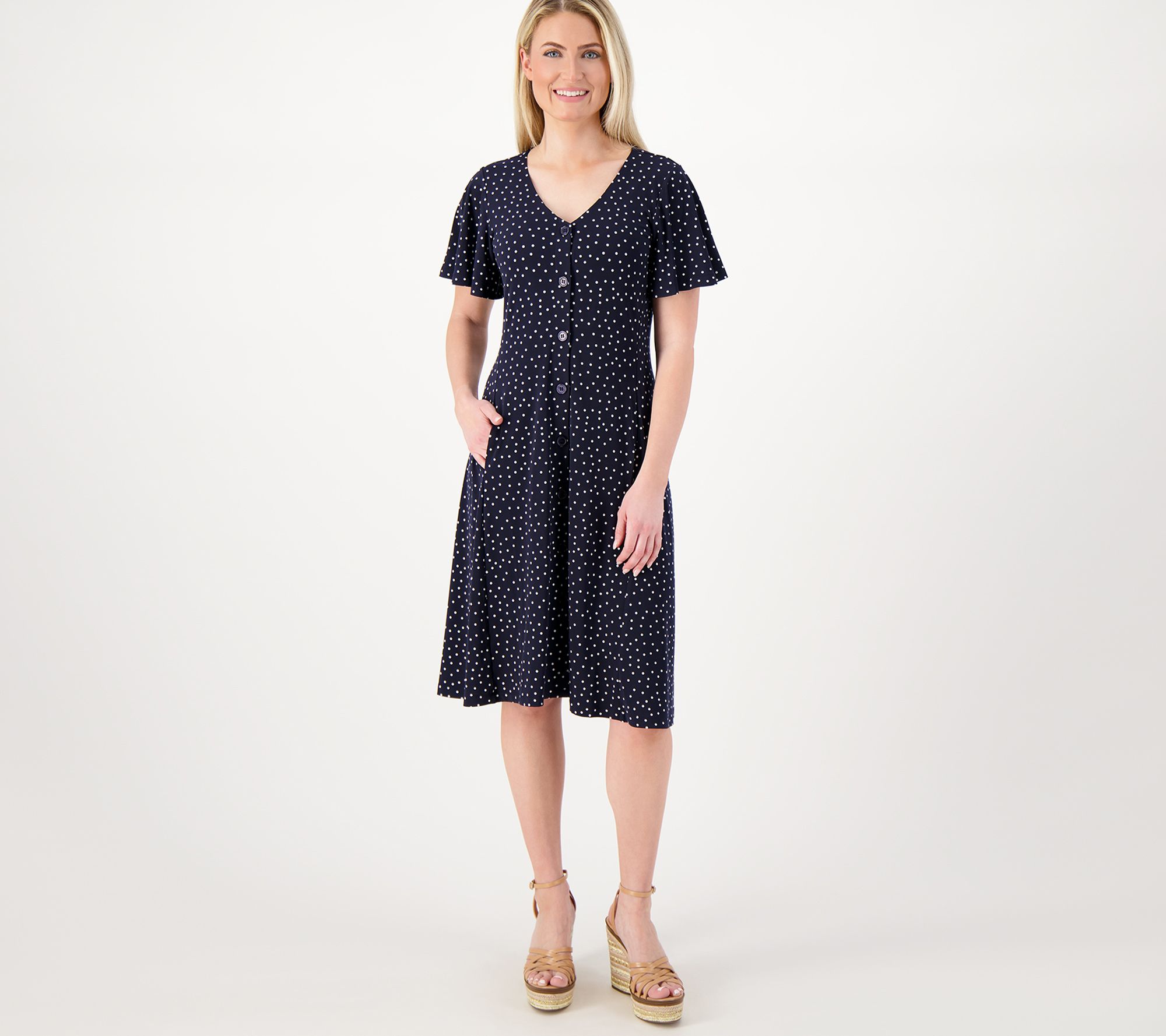 Susan Graver Petite Printed Liquid Knit Button Front Dress