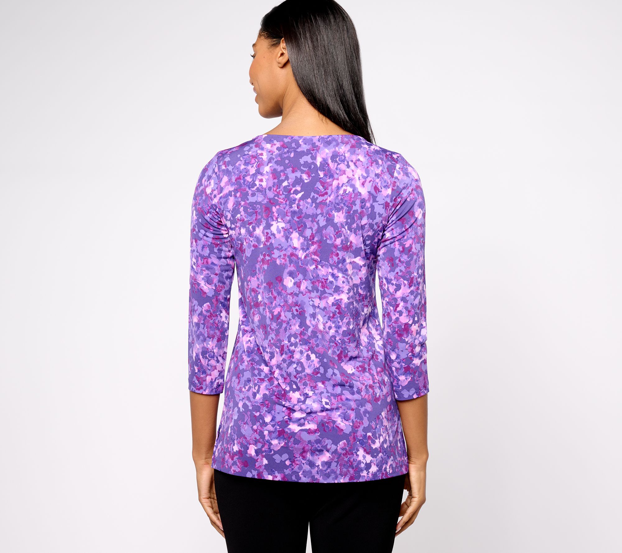 Susan Graver Printed Liquid Knit 3 4 Sleeve Tunic With Cutout Detail