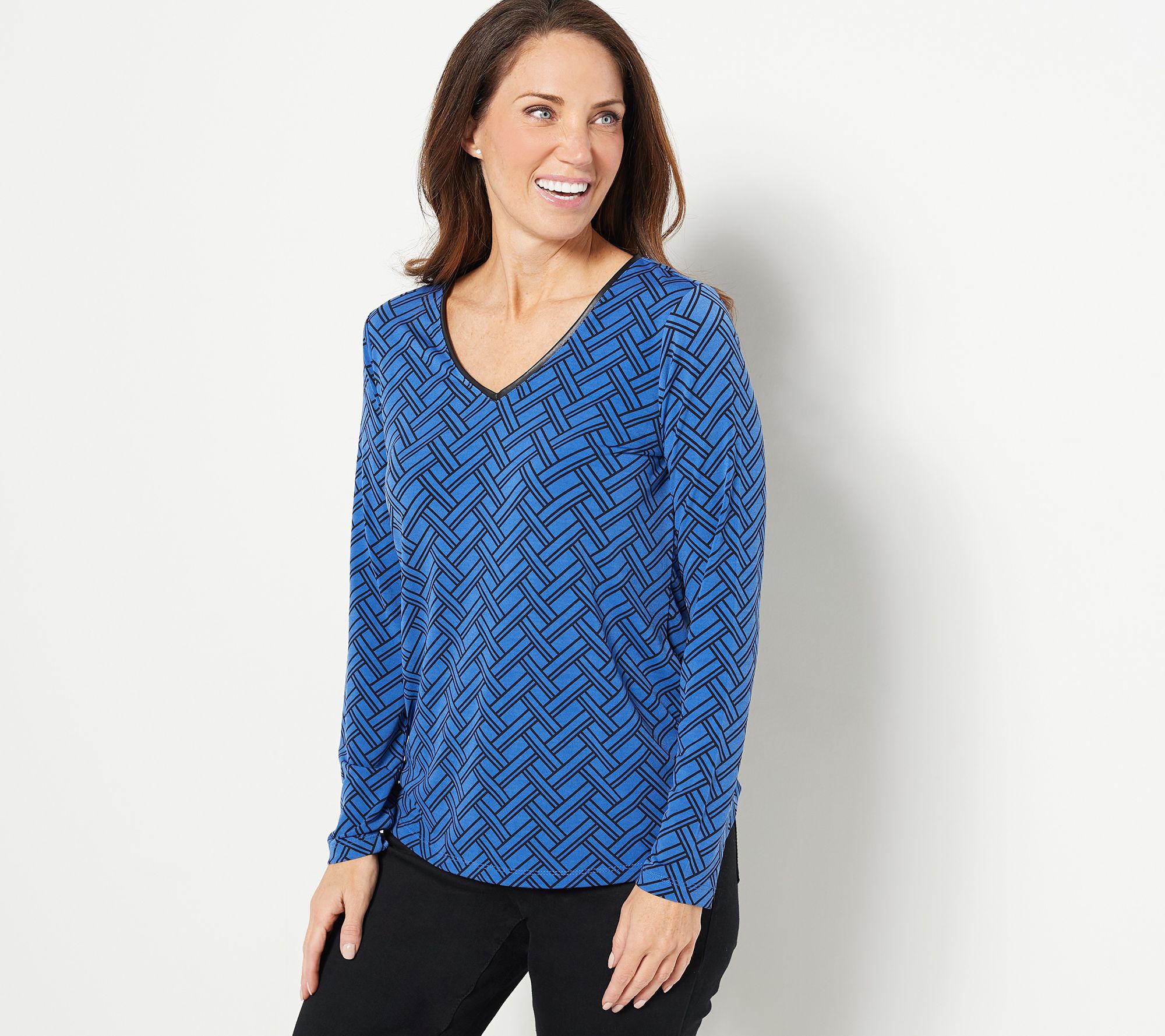 As Is Susan Graver Printed Liquid Knit V-Neck Top w/ Piping 