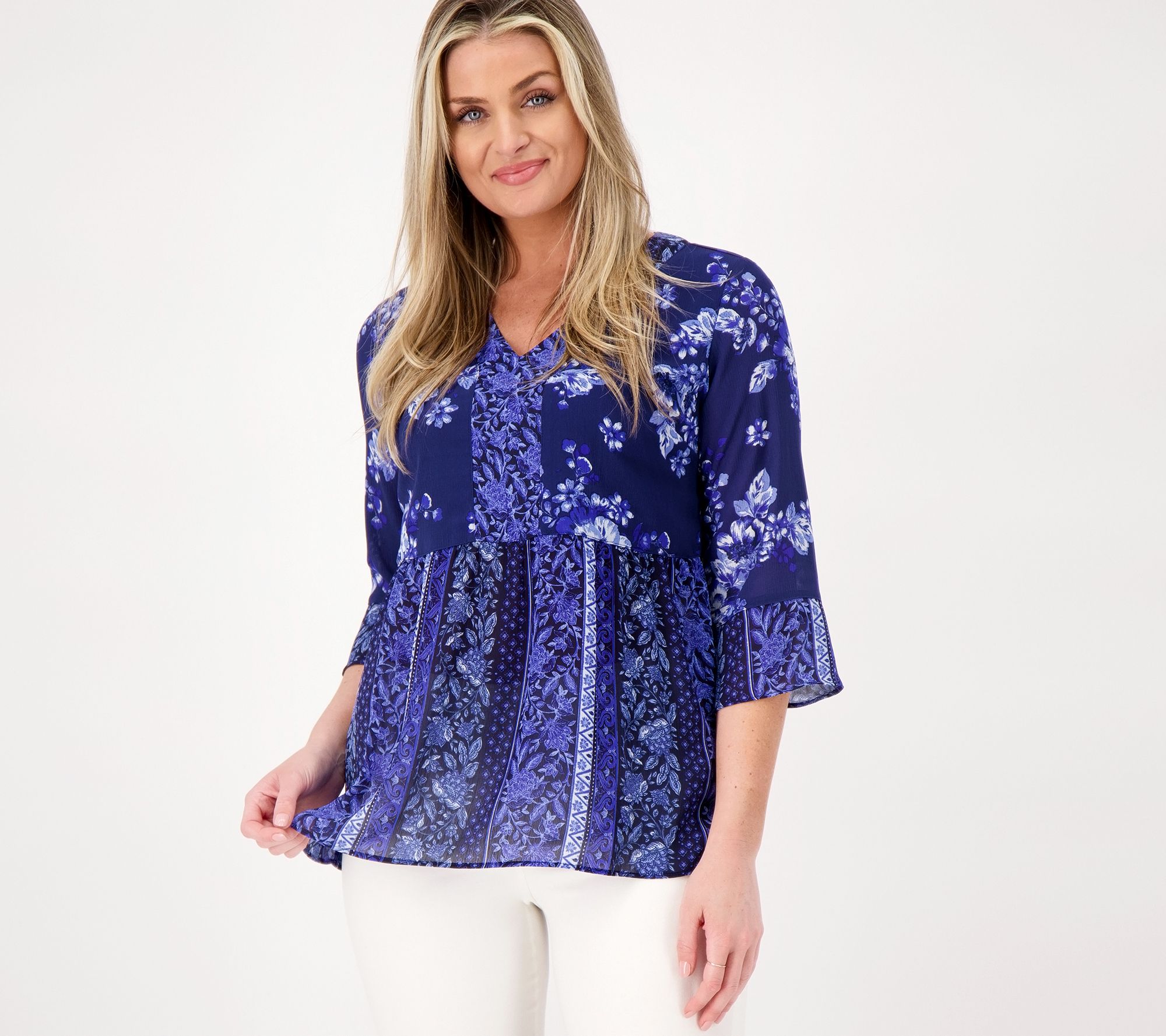 "As Is" Isaac Mizrahi Live! Printed Crinkle Chiffon Blouse