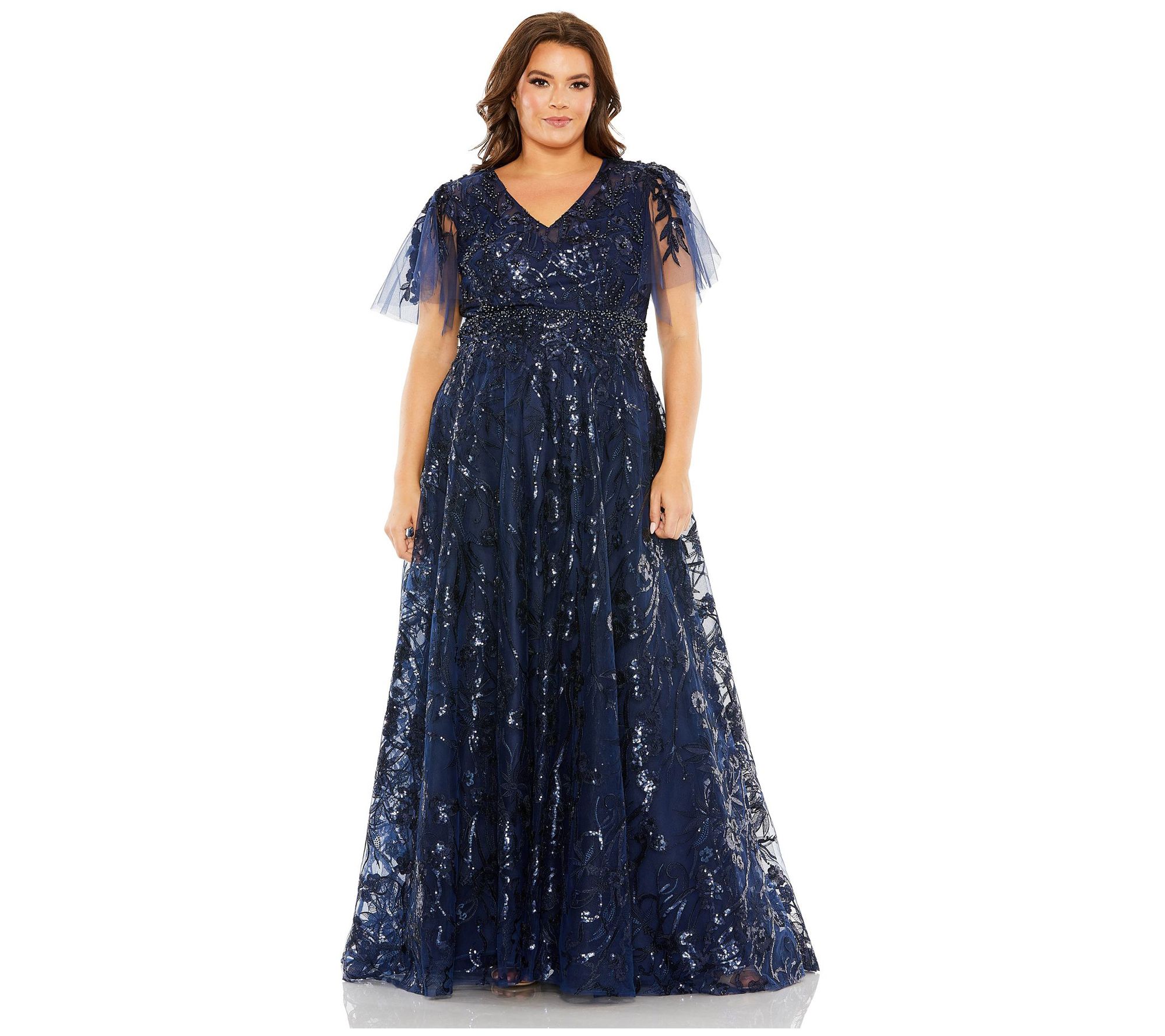 Mac Duggal Midnight Embellished Flutter SleeveA-Line Gown - QVC.com