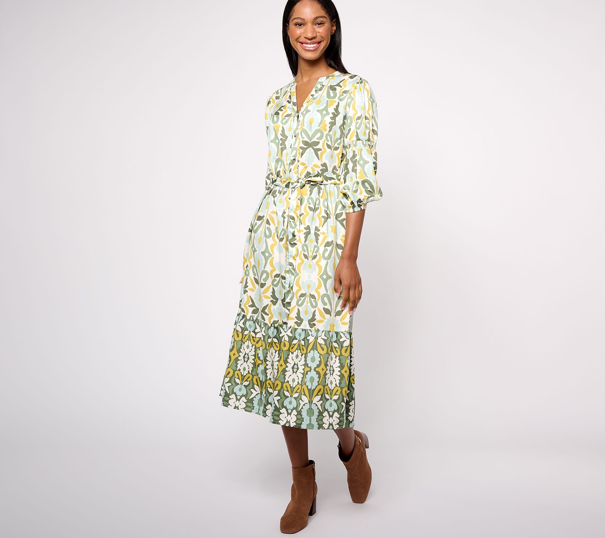 "As Is" Destination 365 Petite Printed Button Front Dress with Belt