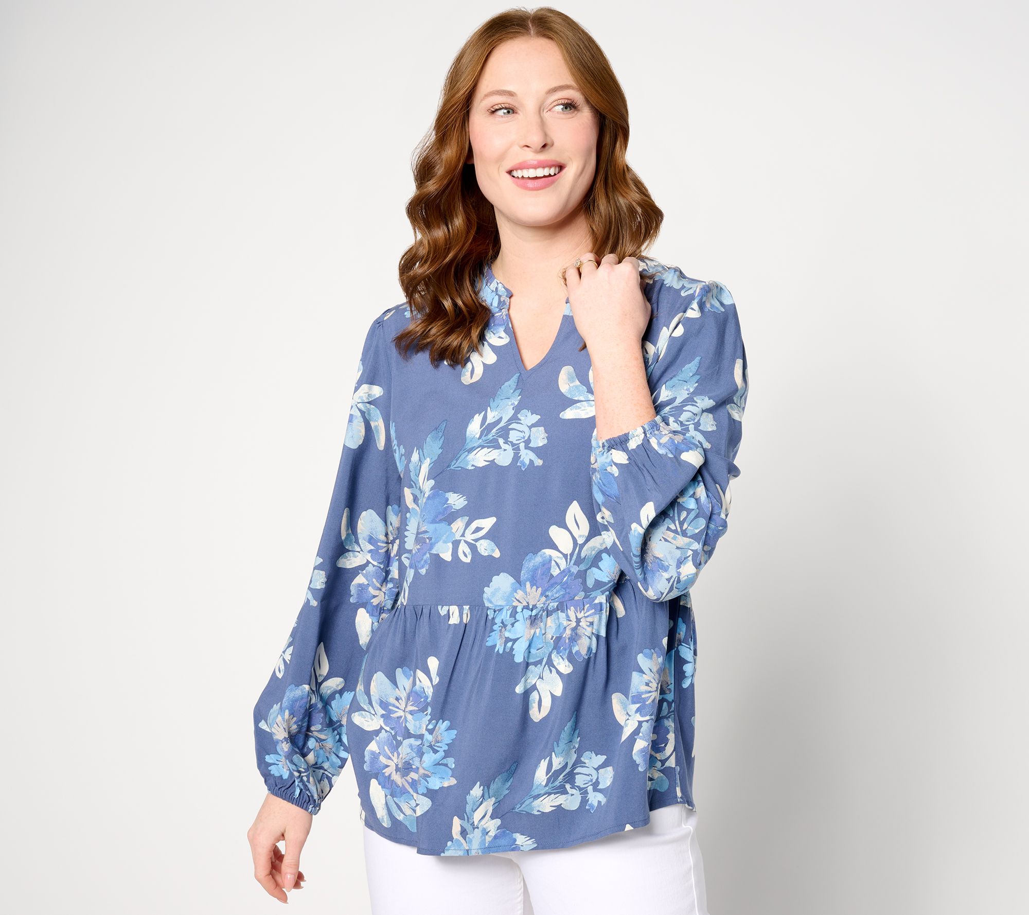 Denim & Co. Printed Blouse with Smocked Cuff