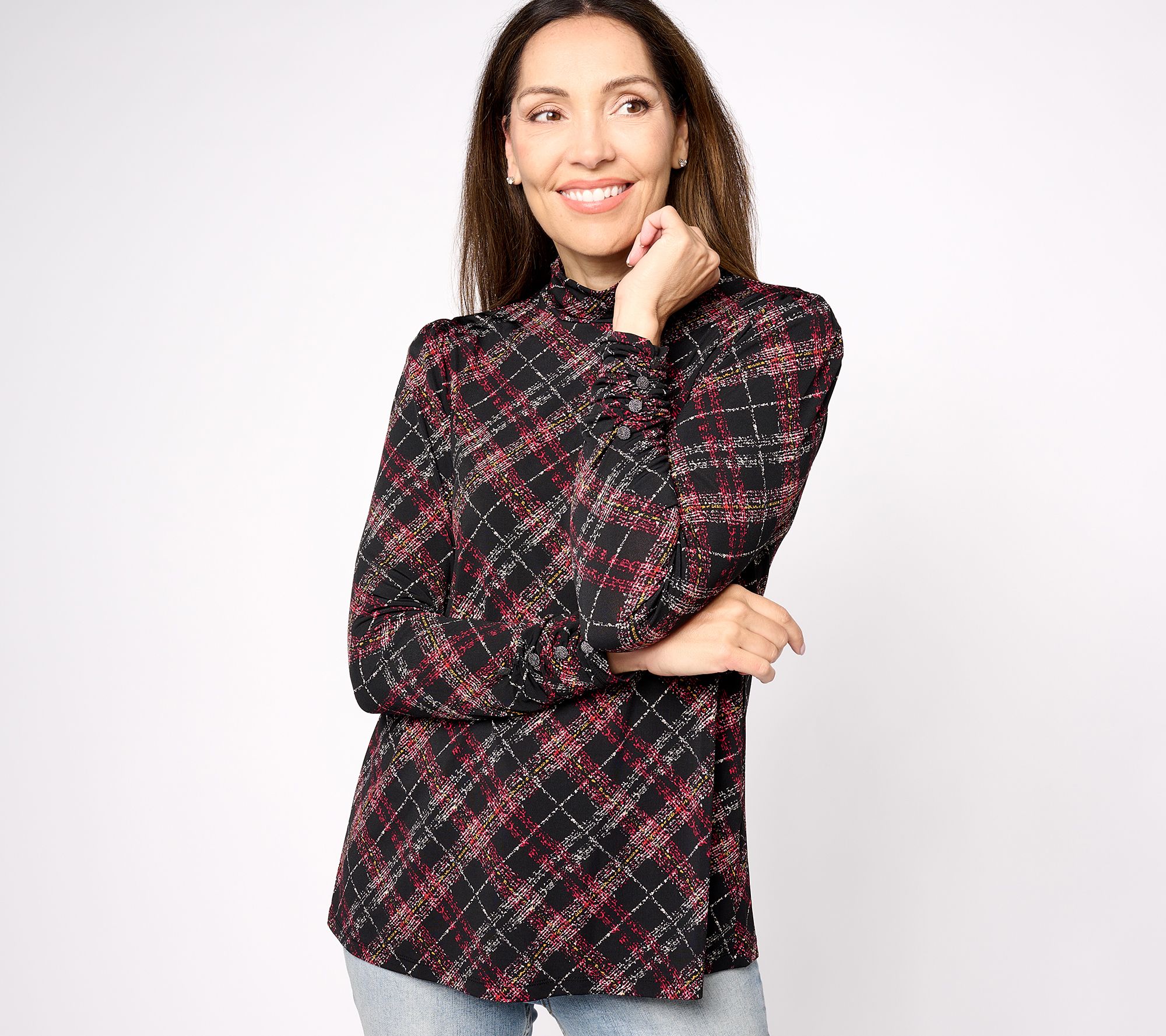 "As Is" Susan Graver Printed Liquid Knit Mock Neck A-Line Top