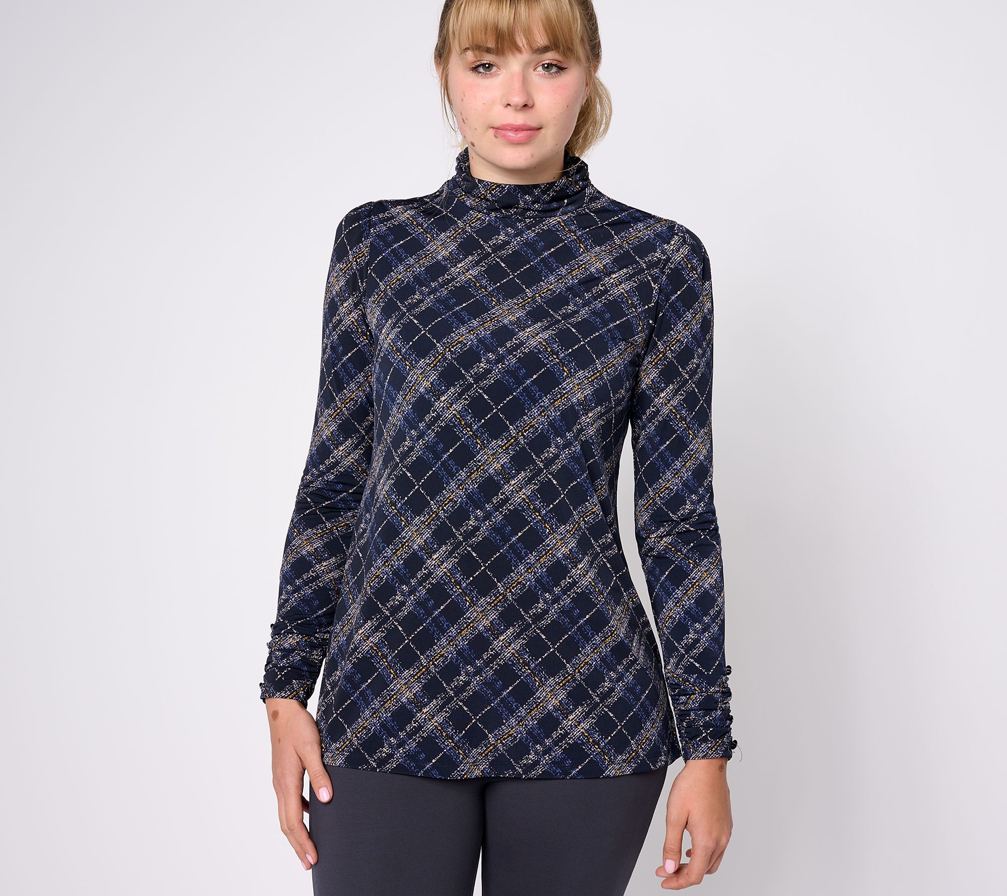 "As Is" Susan Graver Printed Liquid Knit Mock Neck A-Line Top