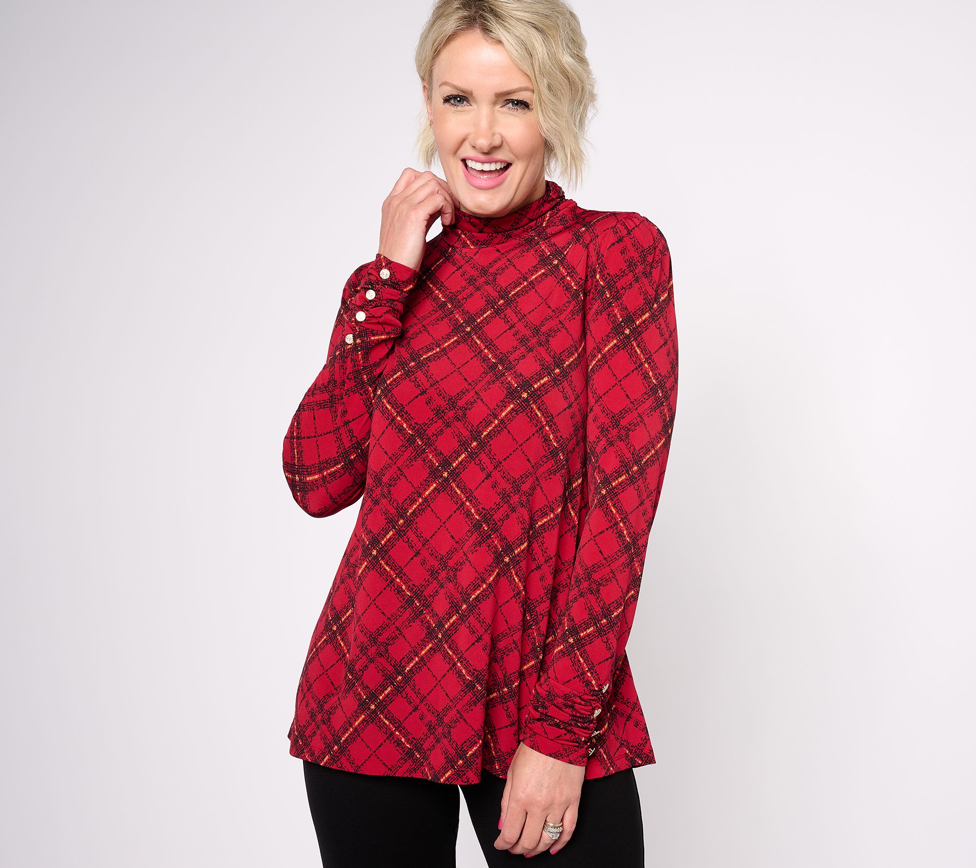 "As Is" Susan Graver Printed Liquid Knit Mock Neck A-Line Top