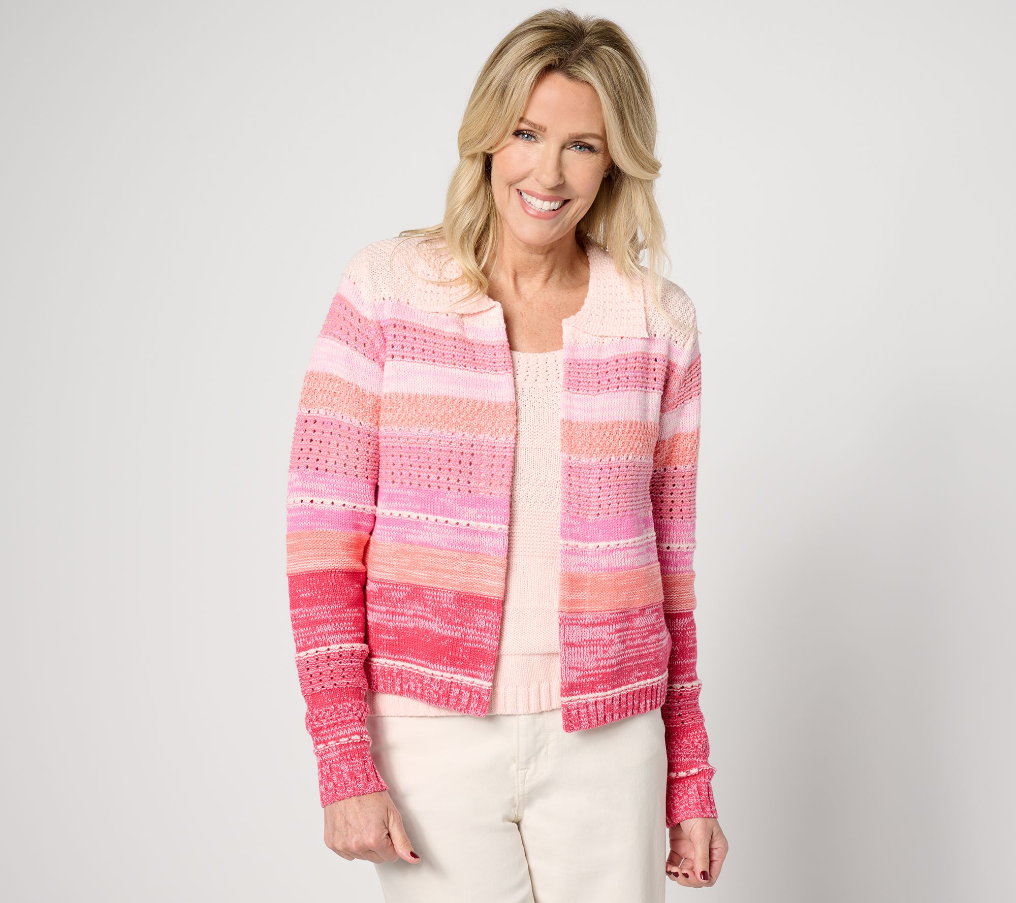 "As Is" Isaac Mizrahi Live! Open Front Stripe Cardigan with Collar