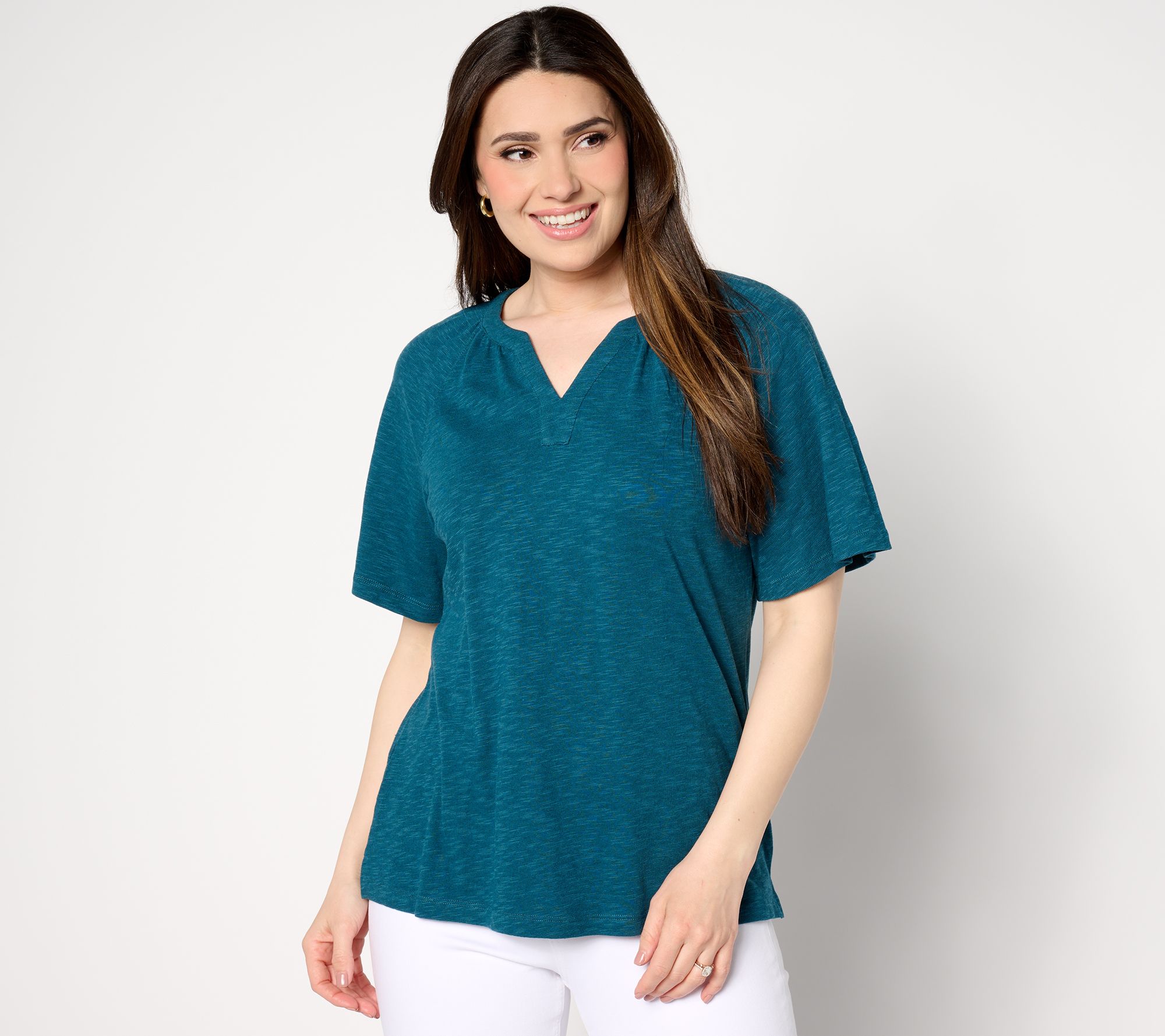 "As Is" Denim & Co. Linen Blend Flutter Short Sleeve Knit Top