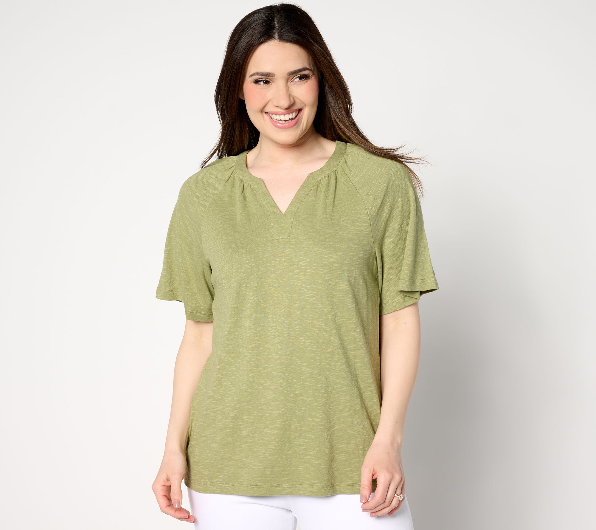 "As Is" Denim & Co. Linen Blend Flutter Short Sleeve Knit Top