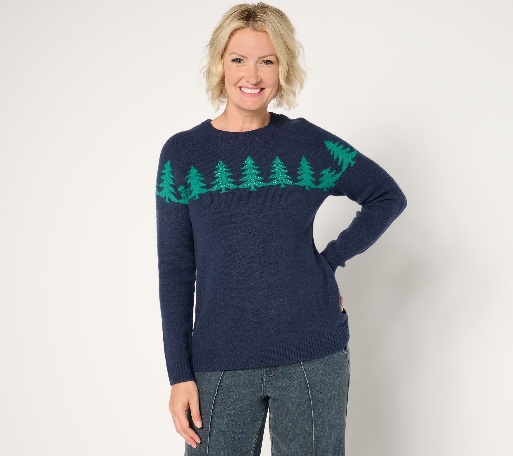 Denim & Co. Embellished Tree Crew Neck Sweater
