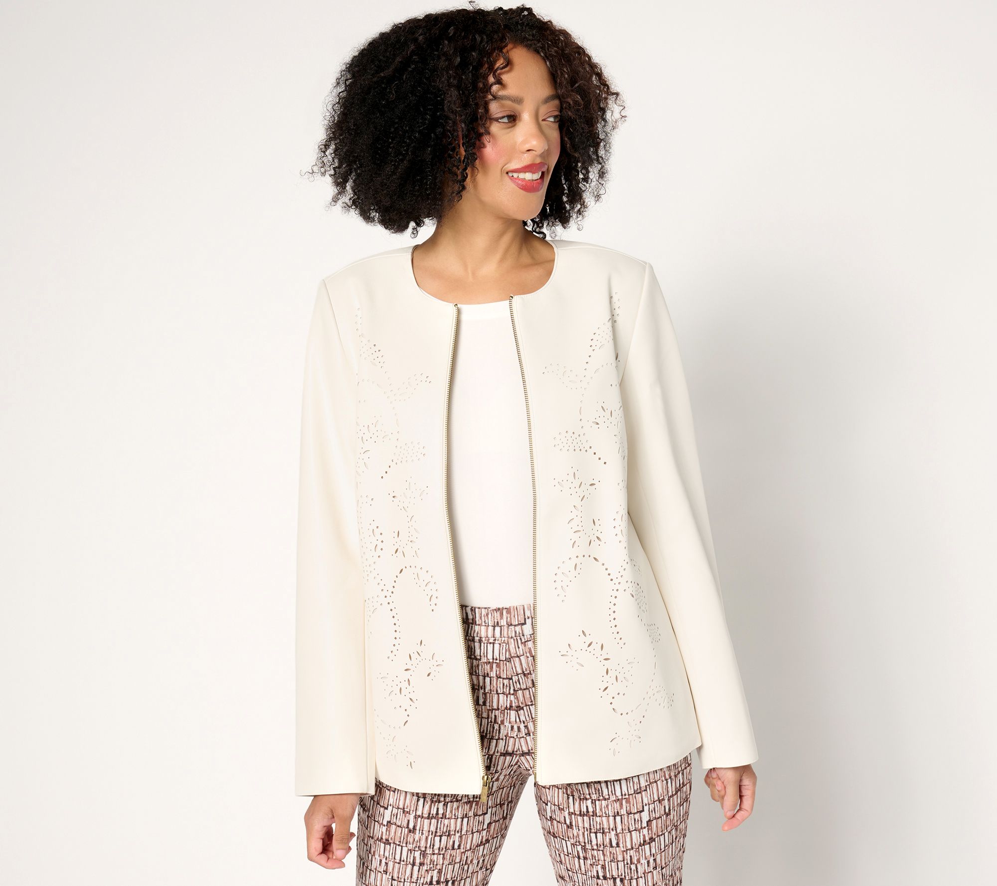 Susan Graver Petite Faux Leather Jacket with Laser Cut Detail