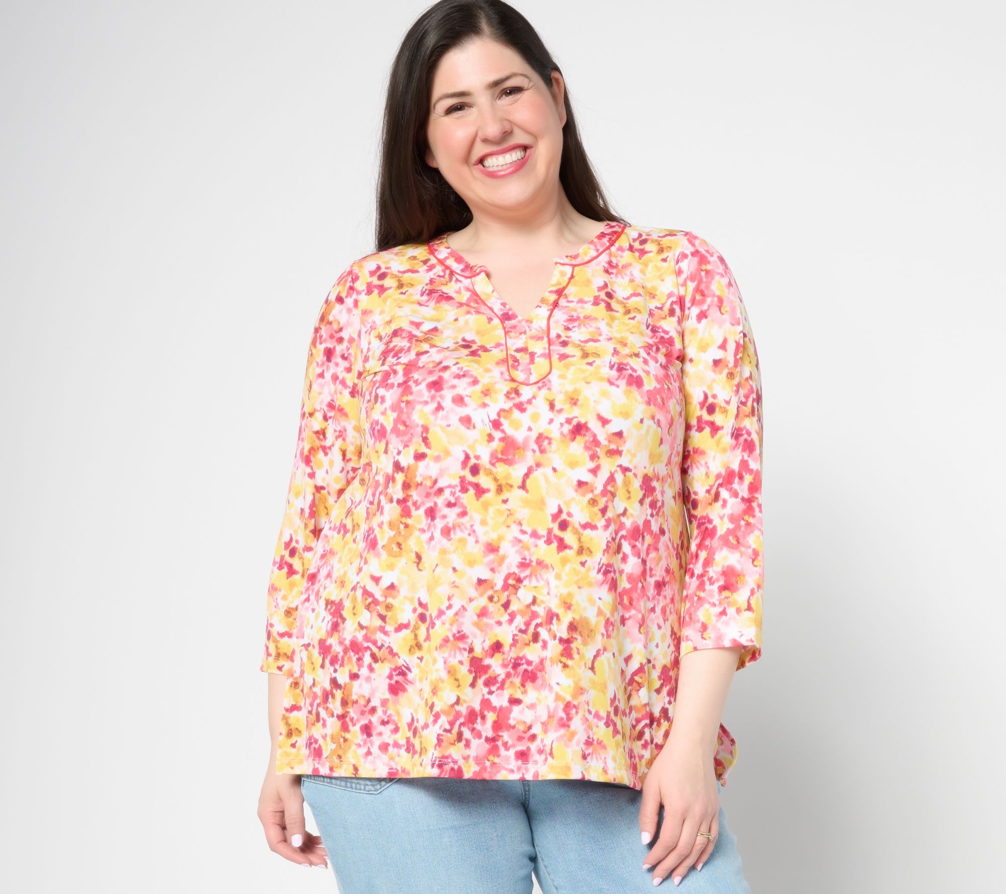 "As Is" Susan Graver Petite Liquid Knit 3/4 Sleeve Split Neck Tunic