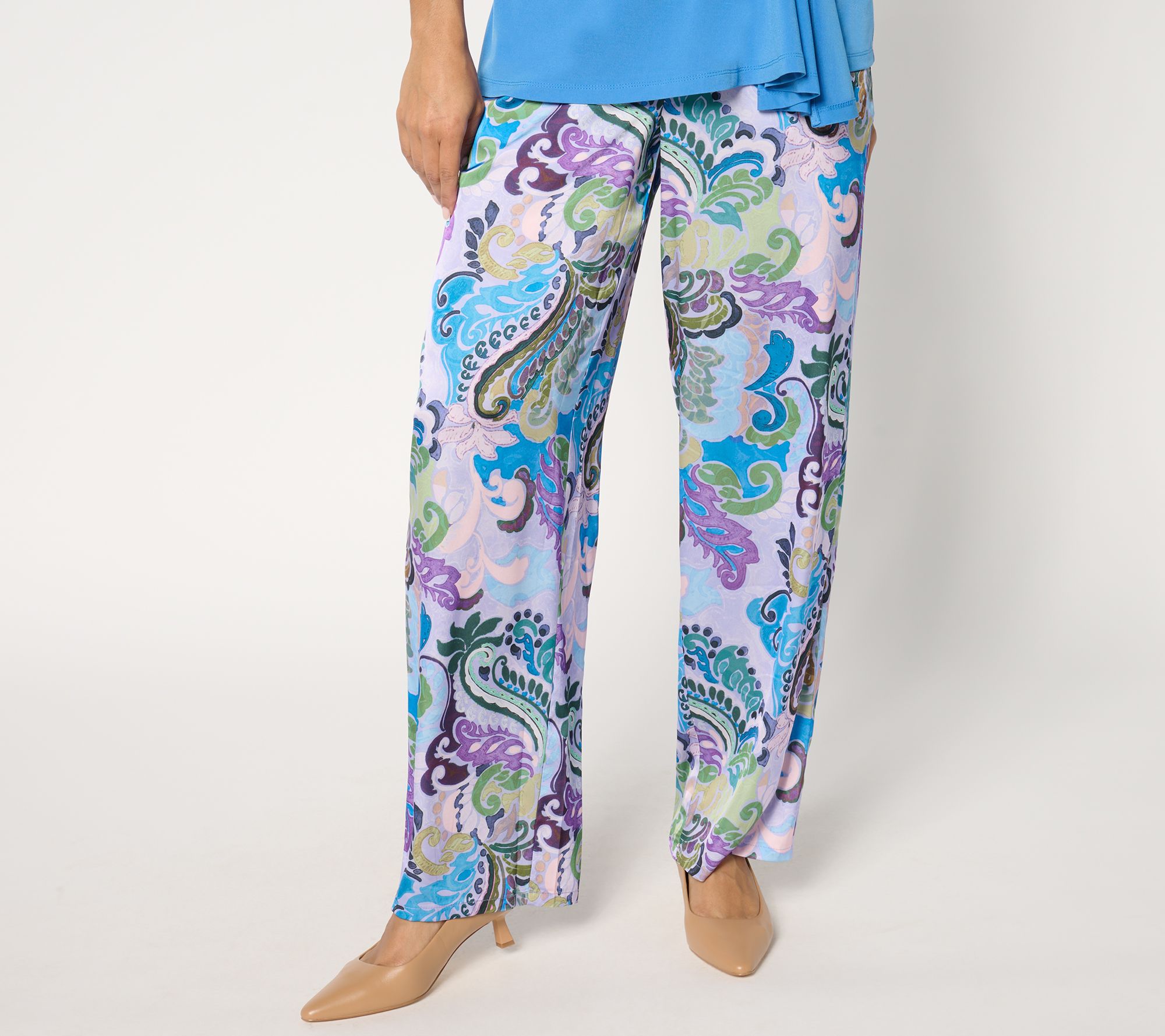 Susan Graver Regular Printed Stretch Satin Wide-Leg Pull-On Pants