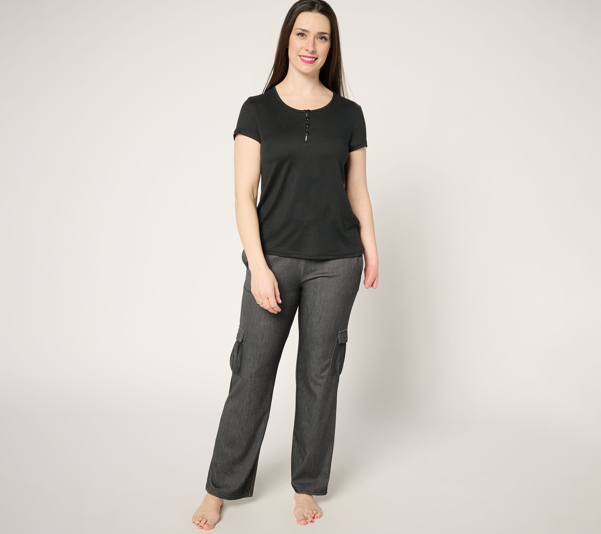 MUK LUKS Faux Denim Cargo Pant & Cloud Knit Tee Lounge Set