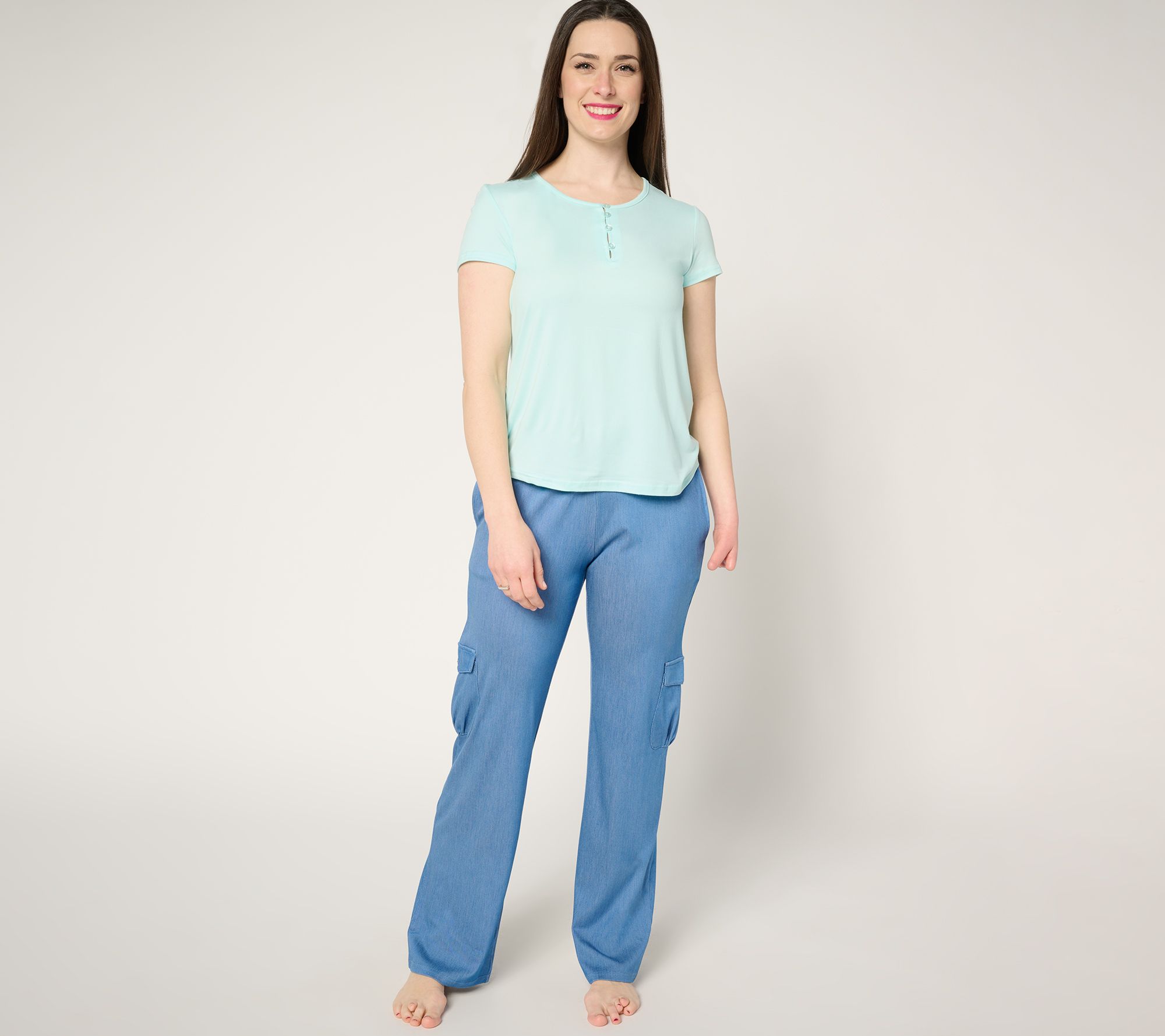 MUK LUKS Faux Denim Cargo Pant & Cloud Knit Tee Lounge Set