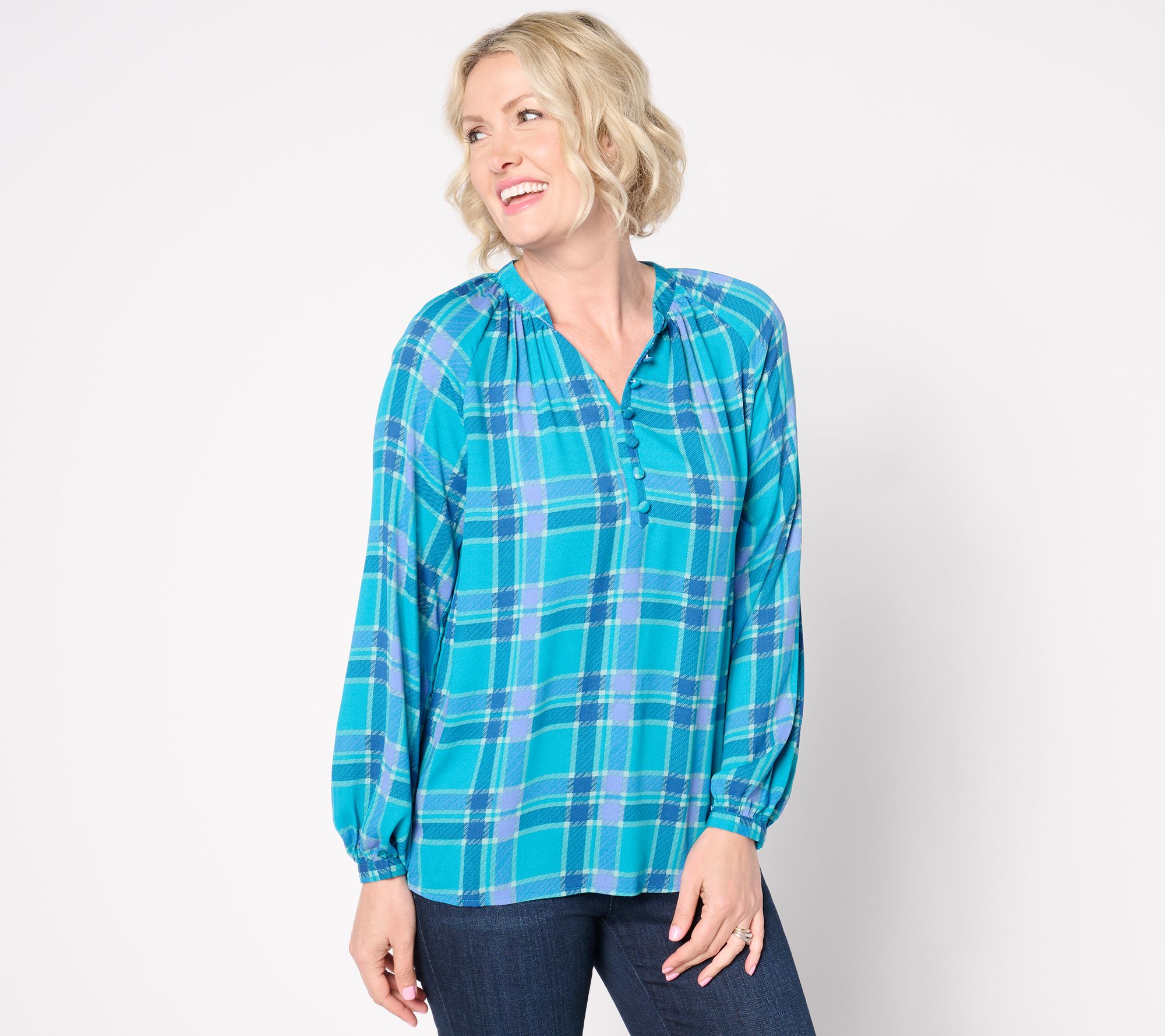 "As Is" Belle by Kim Gravel Blurred Plaid Henley Blouse