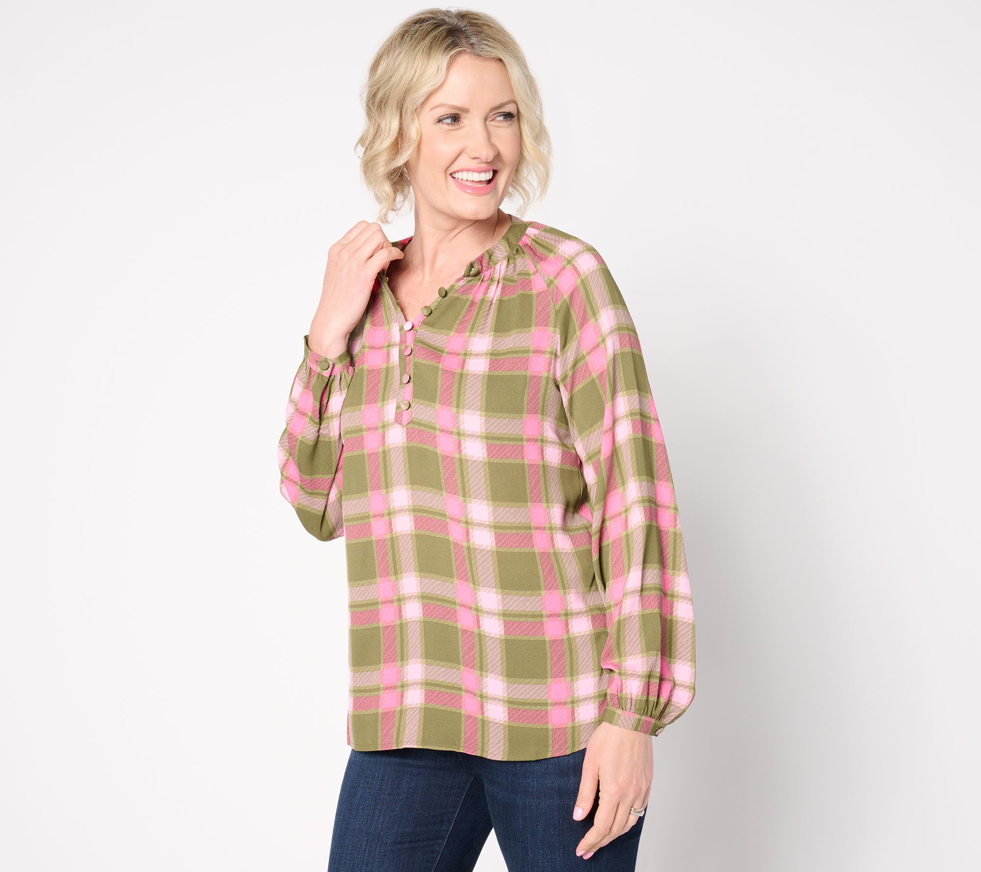"As Is" Belle by Kim Gravel Blurred Plaid Henley Blouse