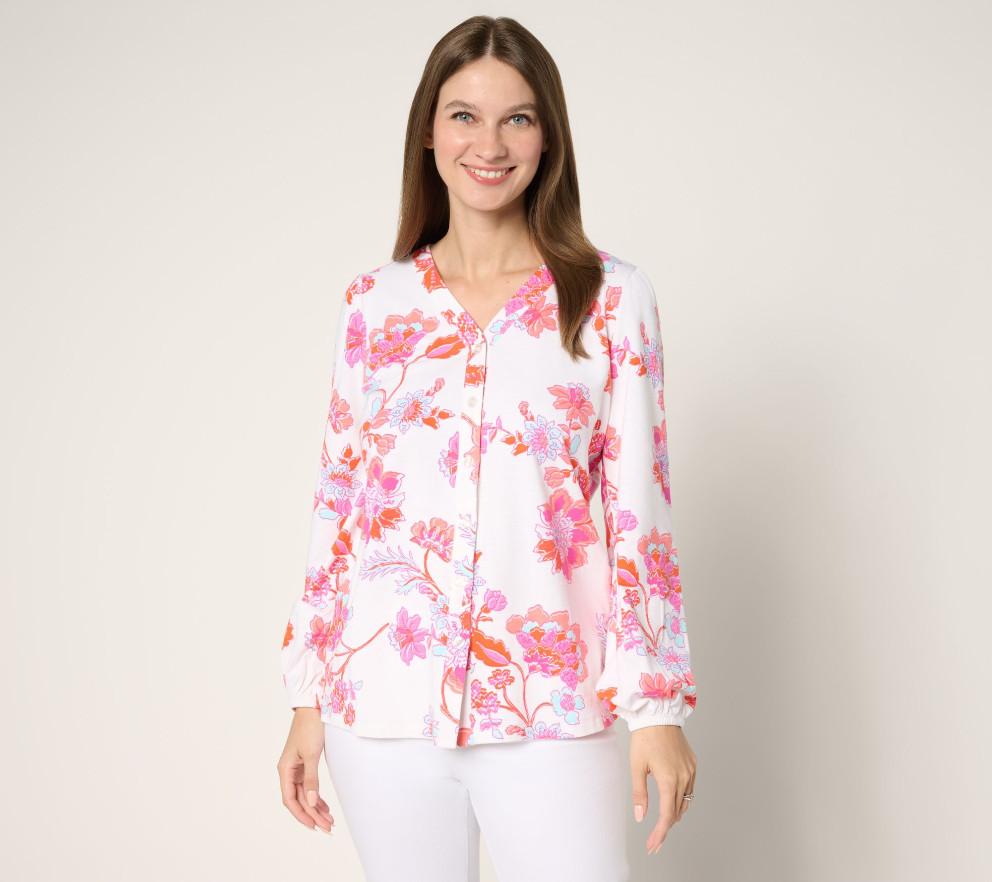 Belle by Kim Gravel French Floral Button Front Knit Blouse