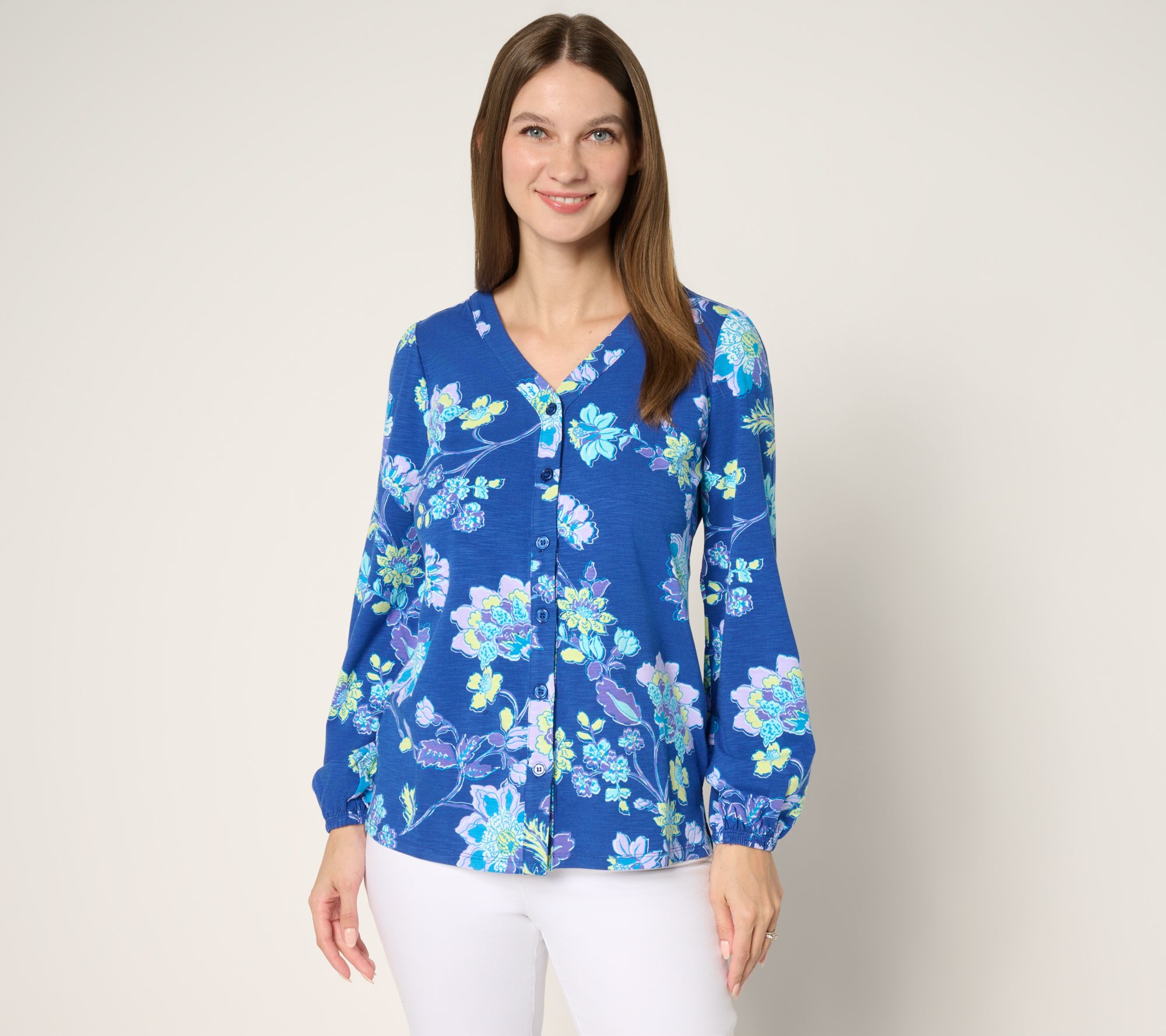 Belle by Kim Gravel French Floral Button Front Knit Blouse