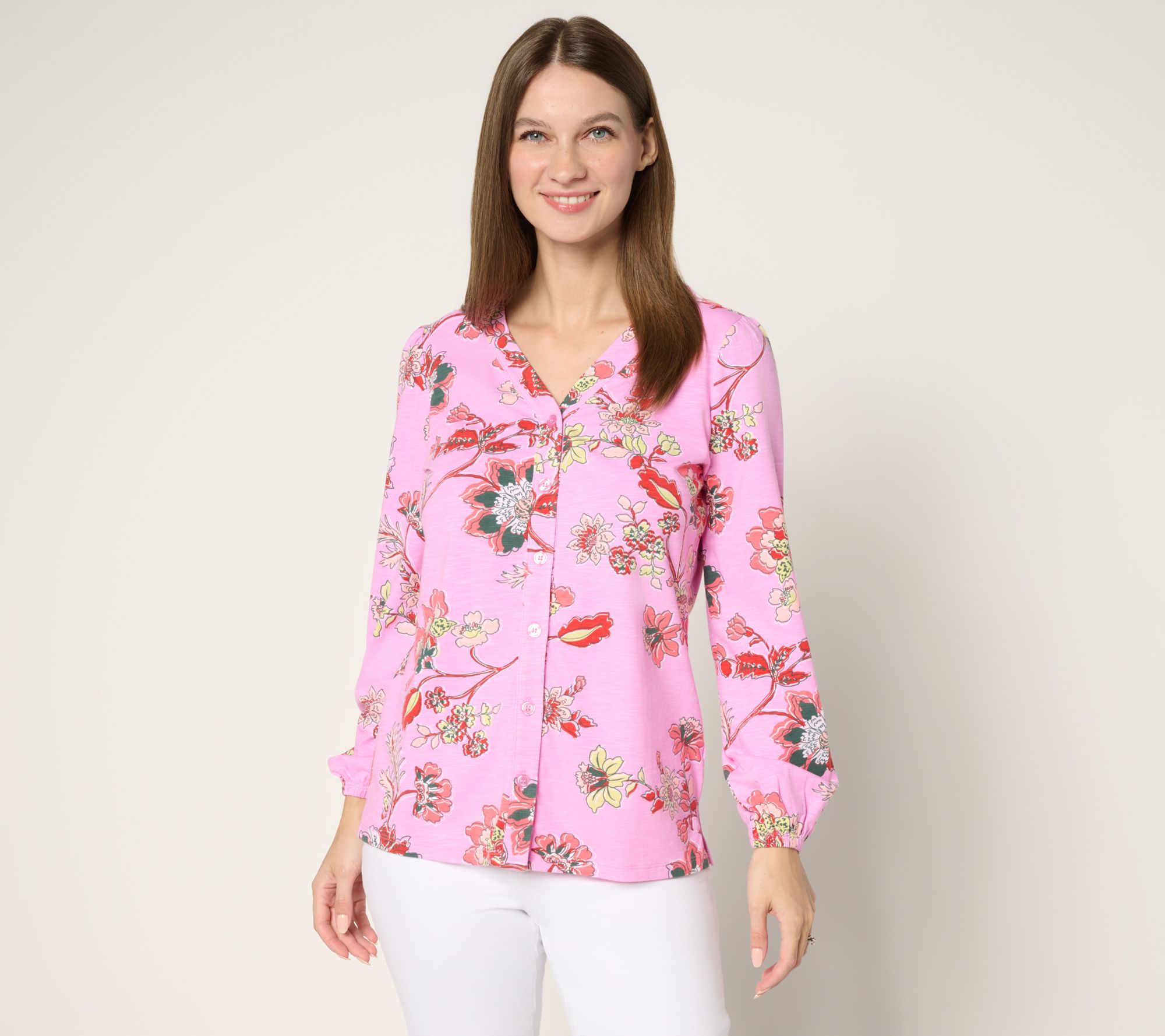 Belle by Kim Gravel French Floral Button Front Knit Blouse
