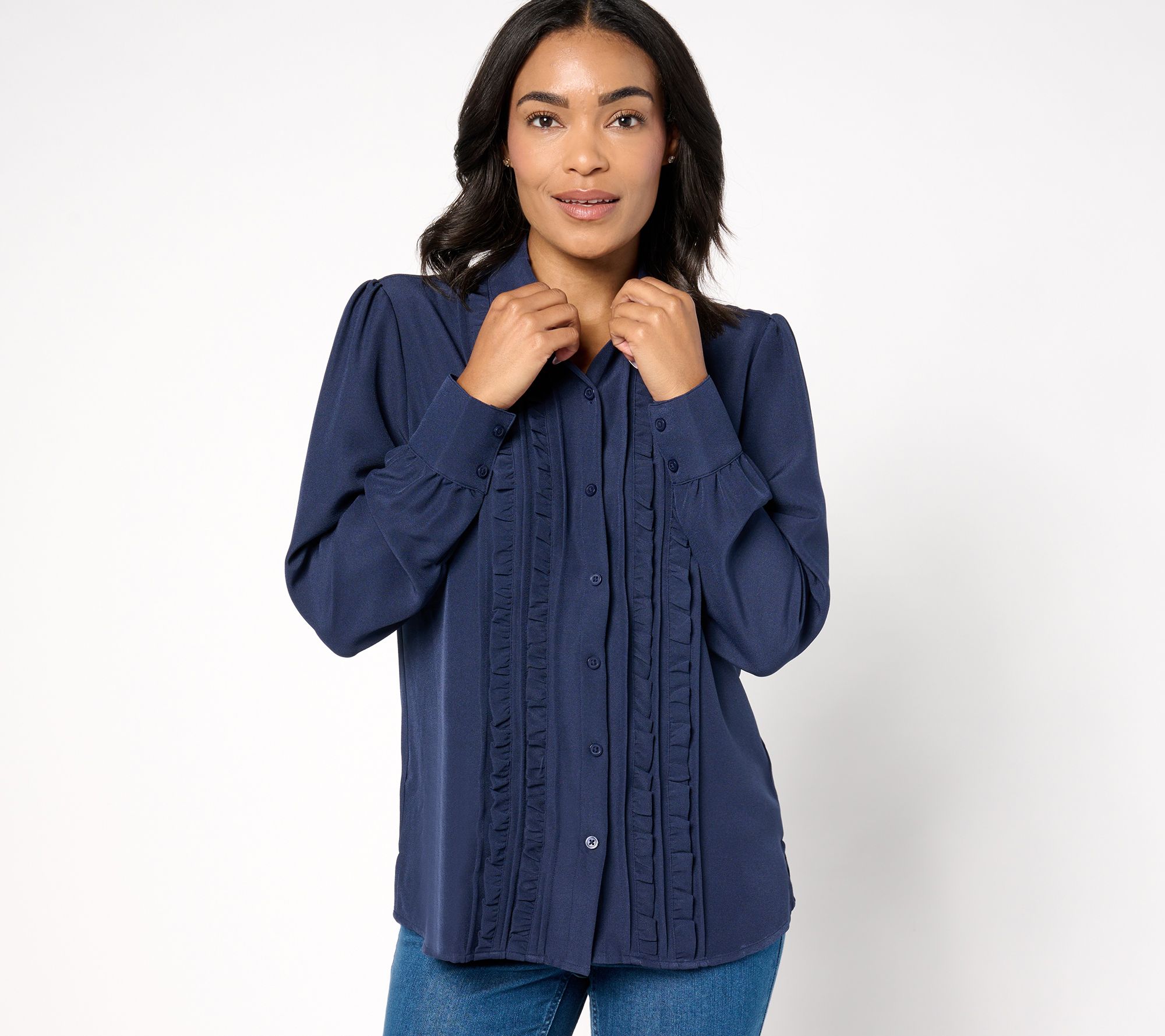 "As Is" Denim & Co. Adaptive Ruffle Front Puff Sleeve Top