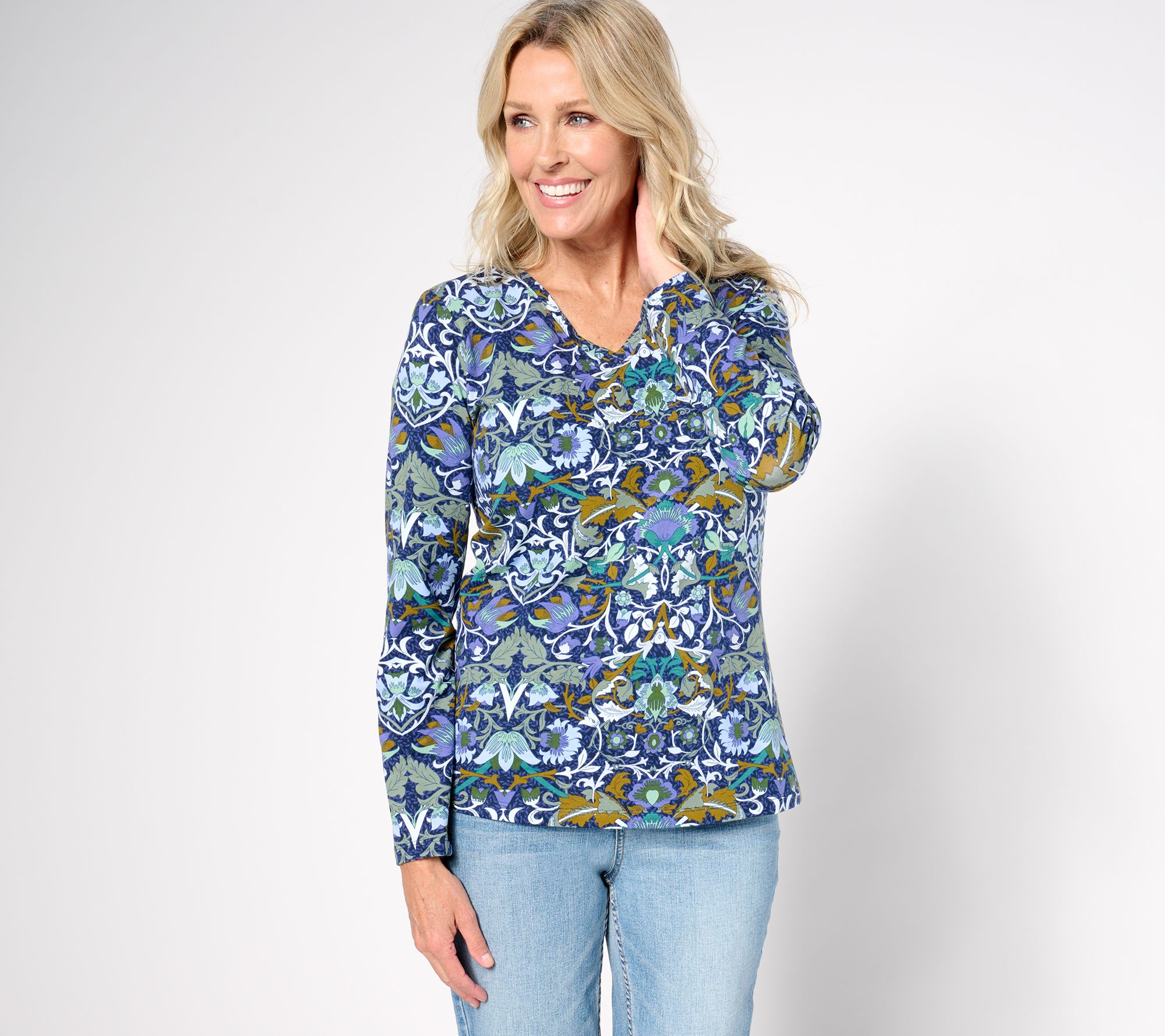 As Is Denim & Co. Favorite Jersey PrintedLongSleeveV-Nk Top