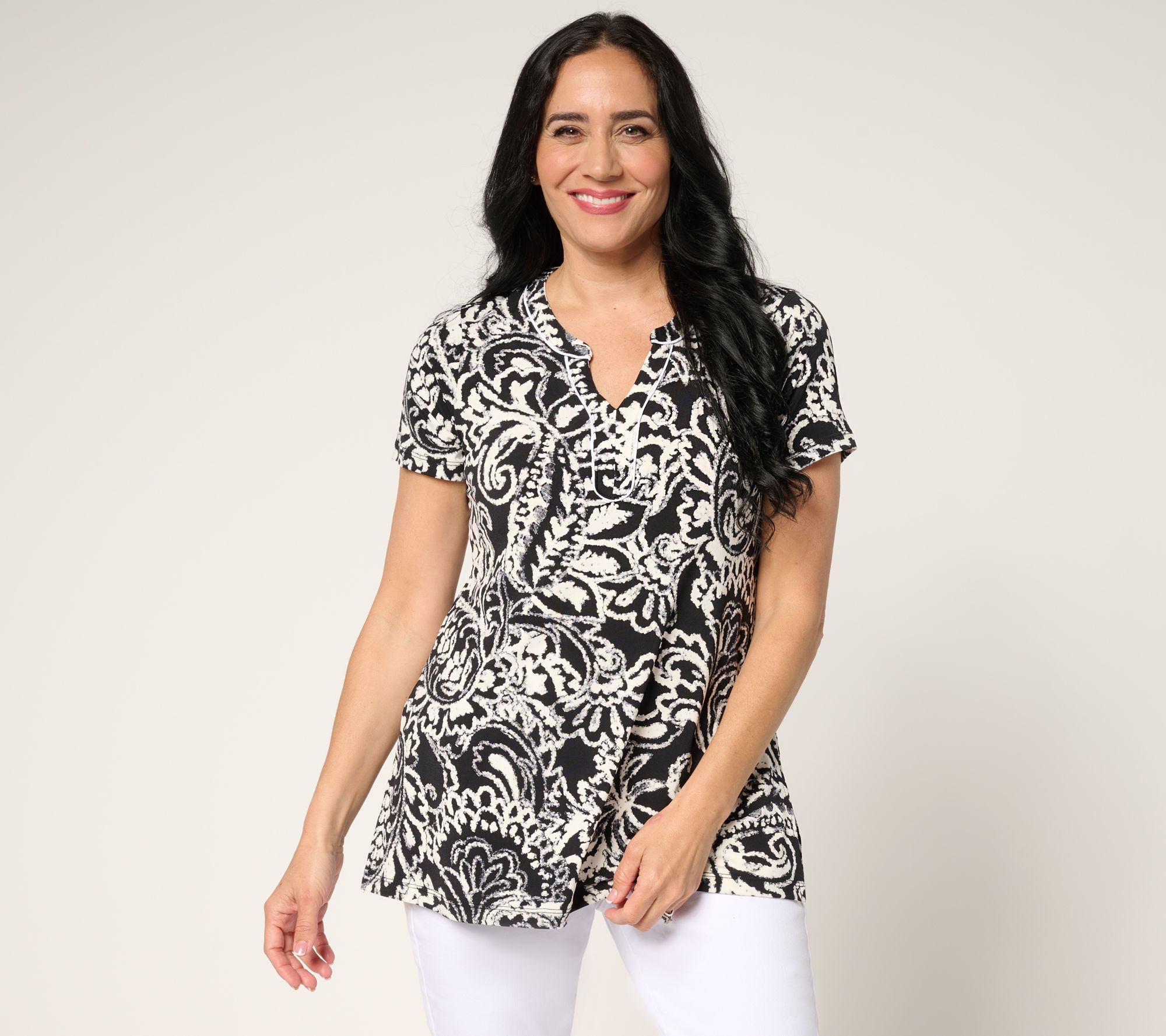Susan Graver Petite Printed Liquid Knit Split-Neck A-Line Tunic
