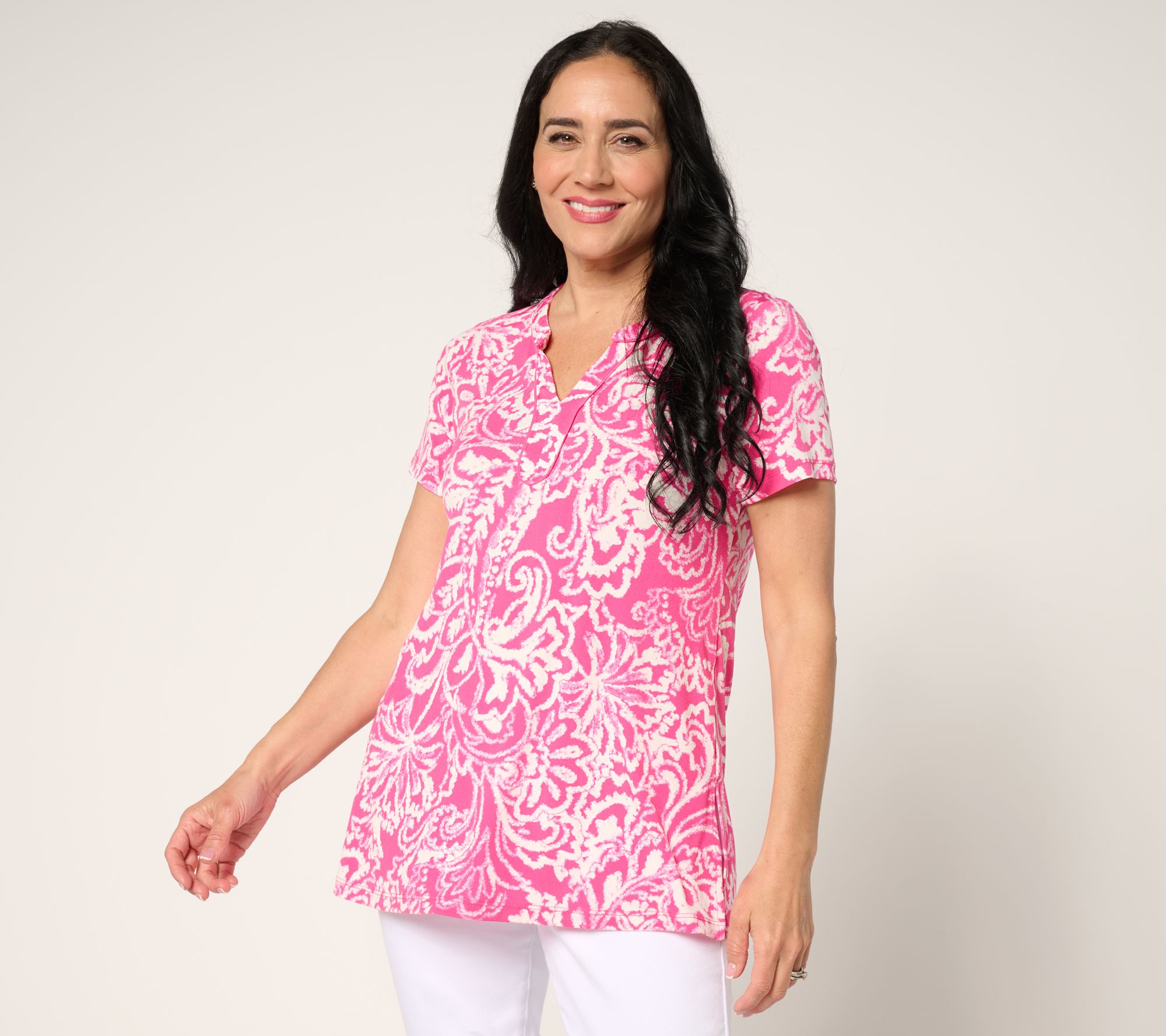 Susan Graver Petite Printed Liquid Knit Split-Neck A-Line Tunic