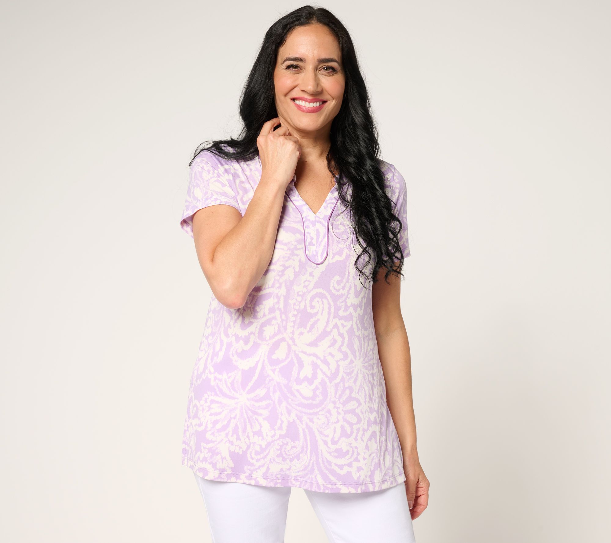 Susan Graver Petite Printed Liquid Knit Split-Neck A-Line Tunic