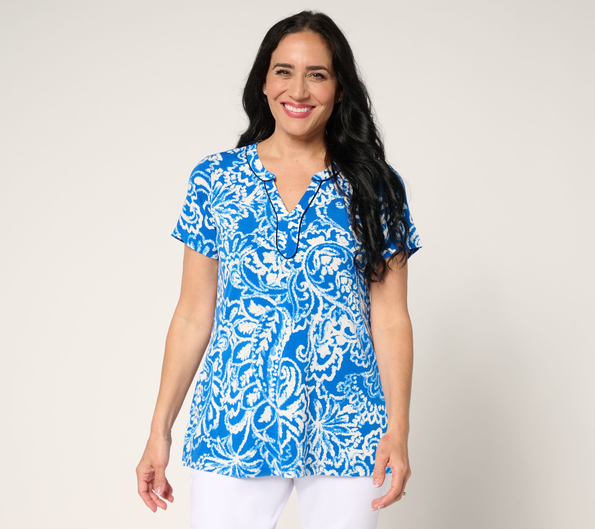 Susan Graver Petite Printed Liquid Knit Split-Neck A-Line Tunic