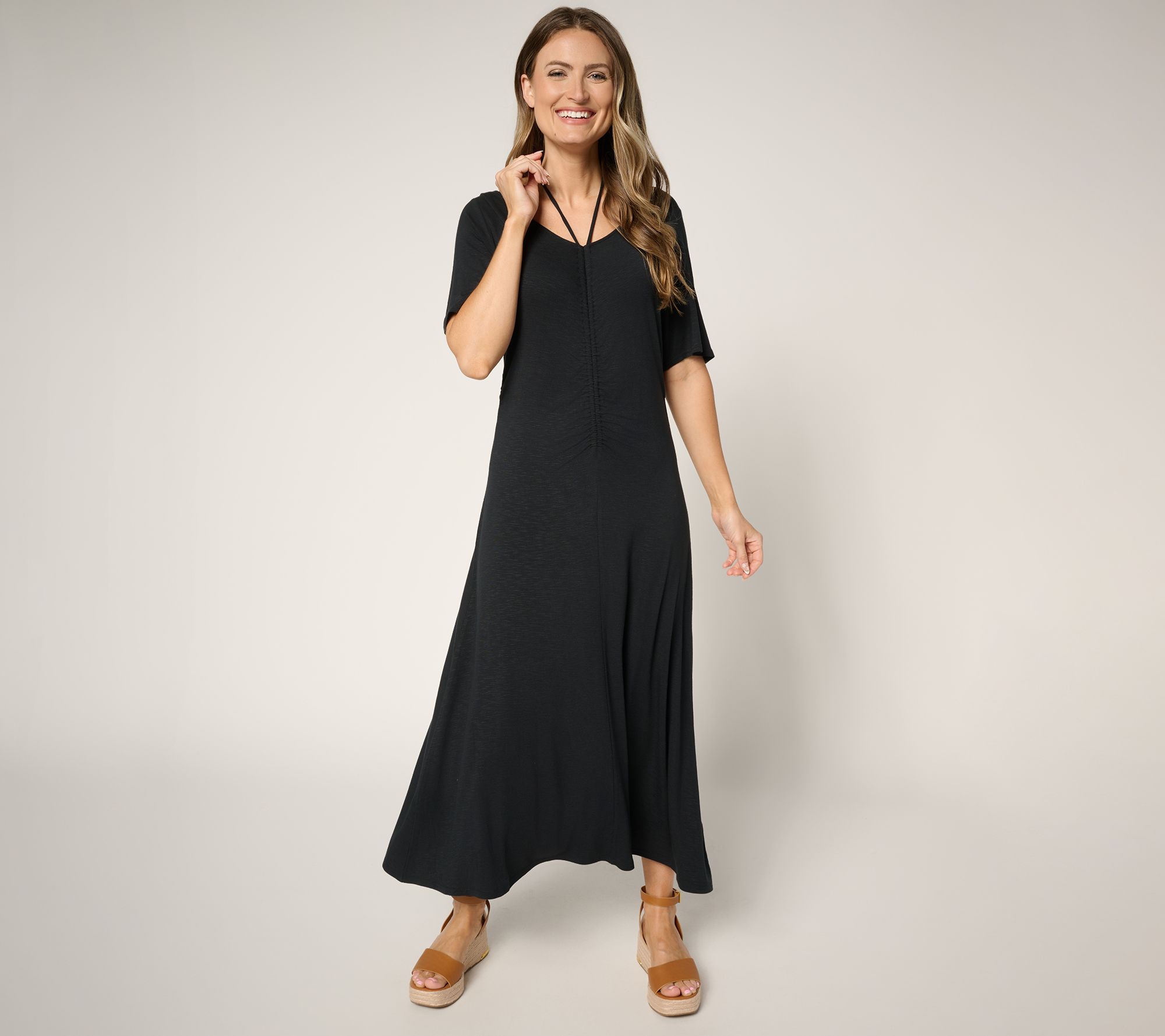 Peace Love World Regular Ruch Front Short Sleeve Midi Dress