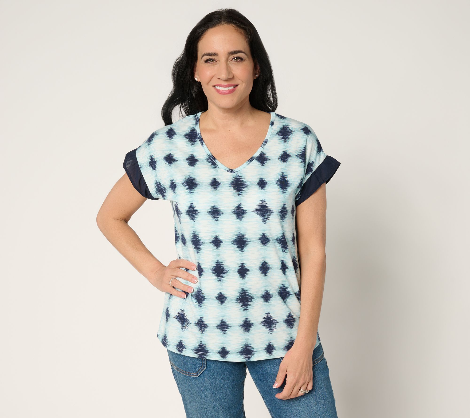 AnyBody Cozy Knit Shibori Basic Tee with Woven Sleeve Detail