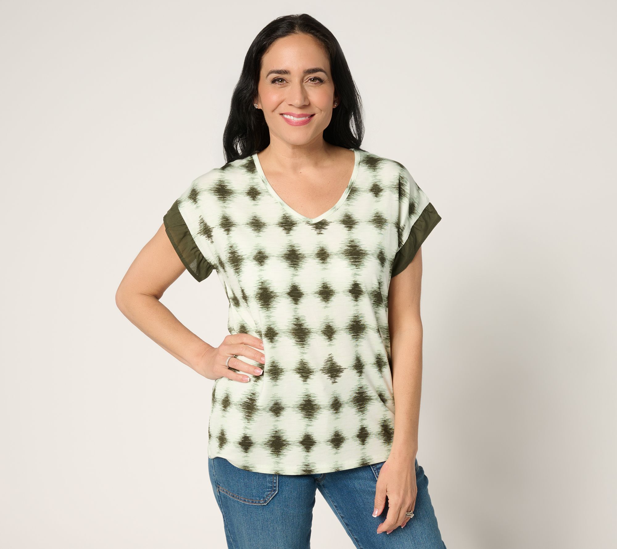 AnyBody Cozy Knit Shibori Basic Tee with Woven Sleeve Detail