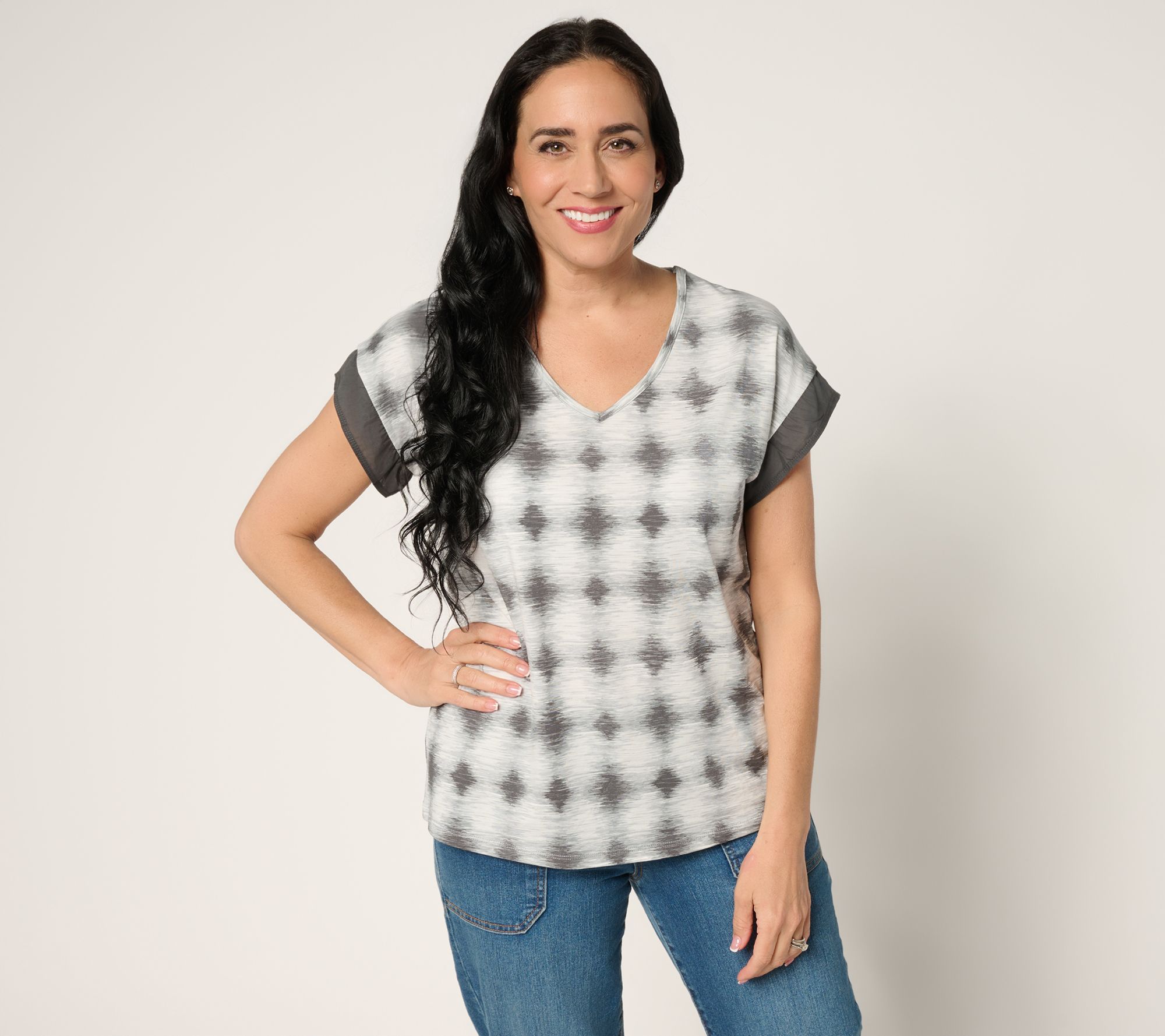 AnyBody Cozy Knit Shibori Basic Tee with Woven Sleeve Detail