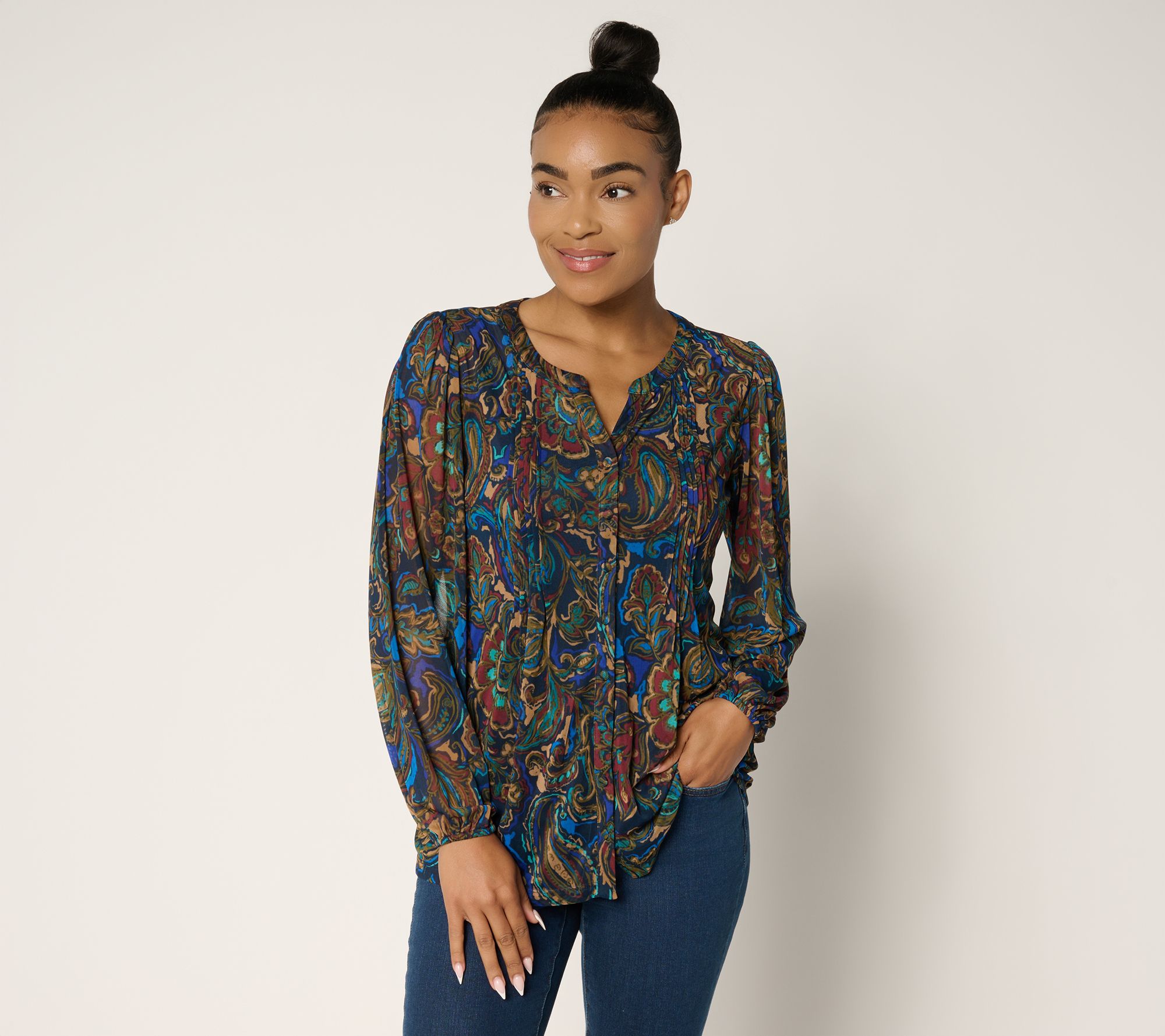 Susan Graver Printed Mesh Split Neck Button Front Top w/Tank