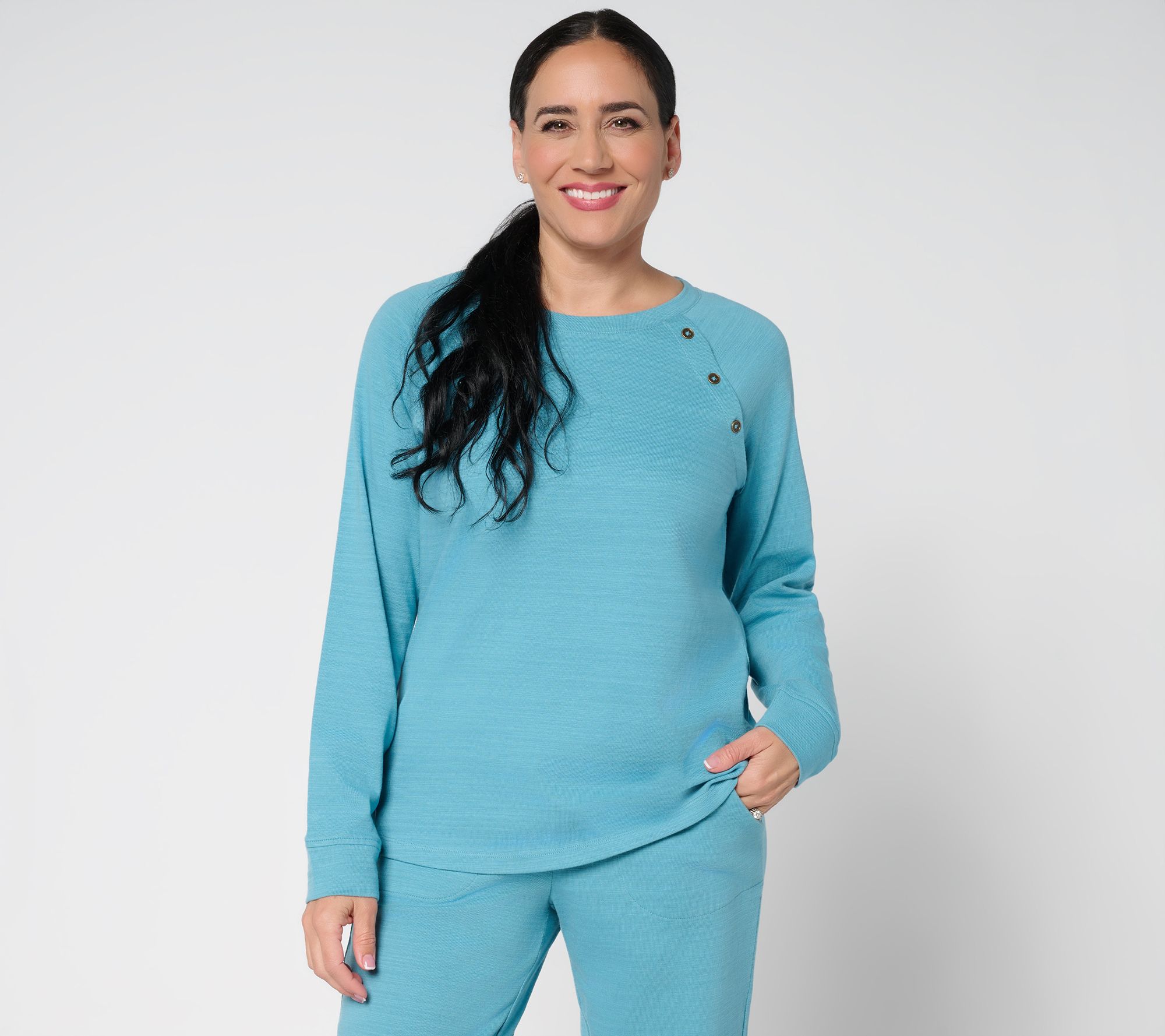 Denim & Co. Active Textured Cotton Pullover with Button Detail