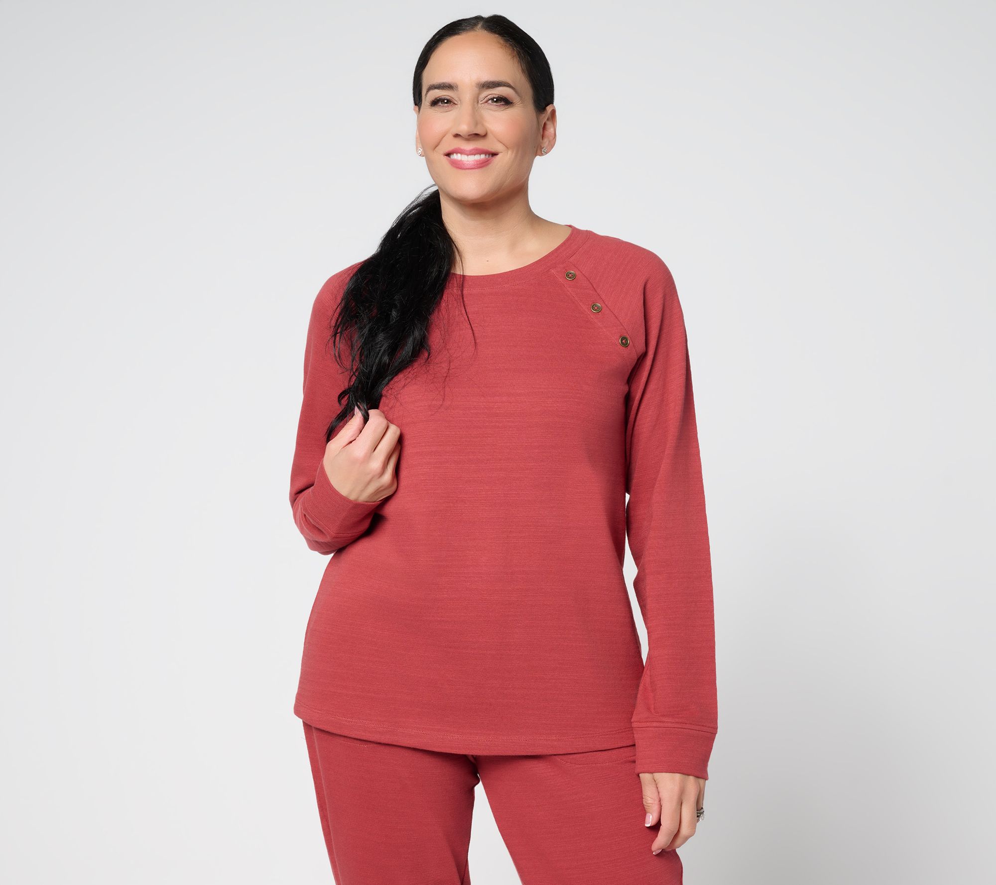 Denim & Co. Active Textured Cotton Pullover with Button Detail