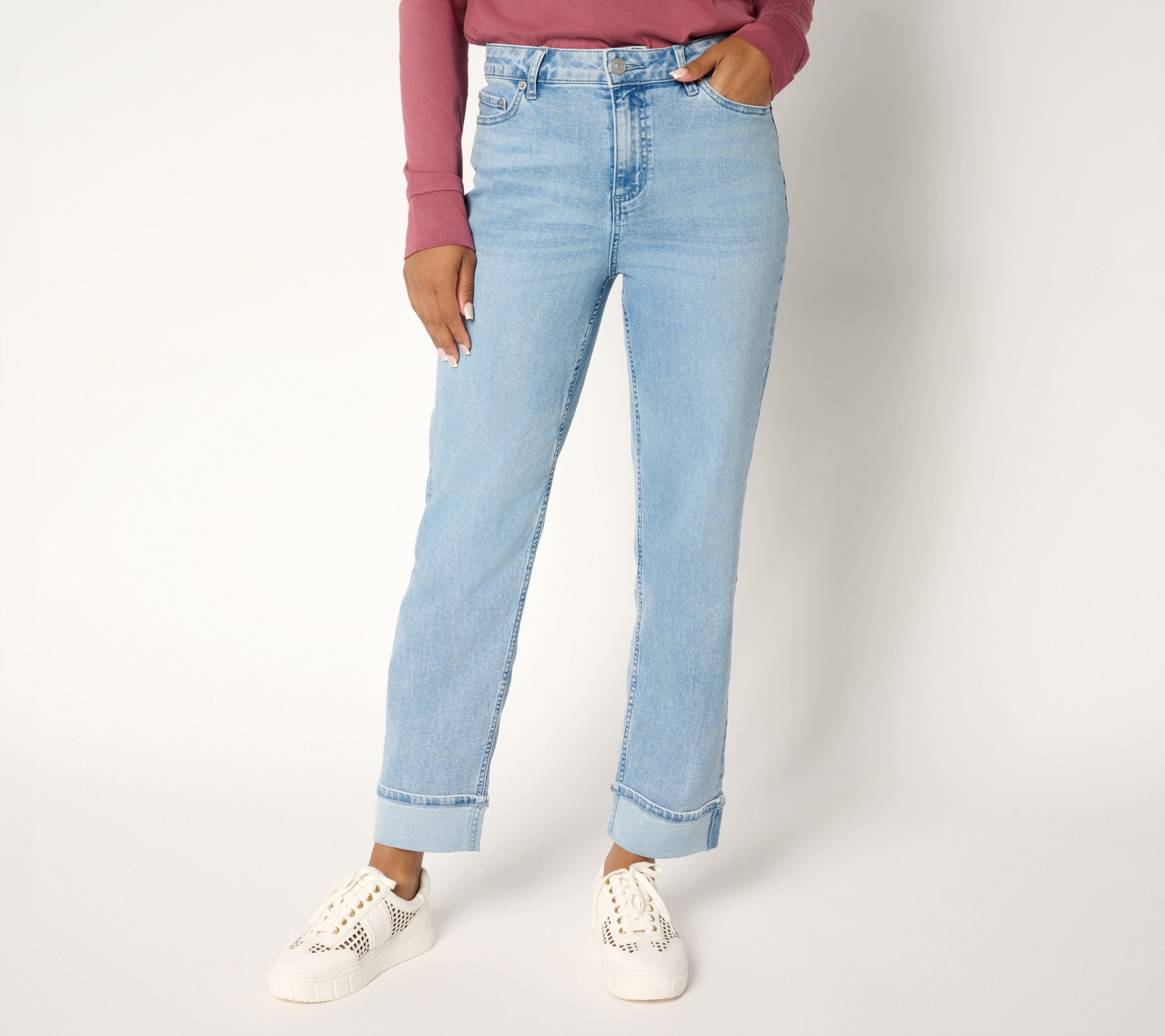 LOGO by Lori Goldstein Petite Indigo Turn-Up Cuff Ankle Jeans