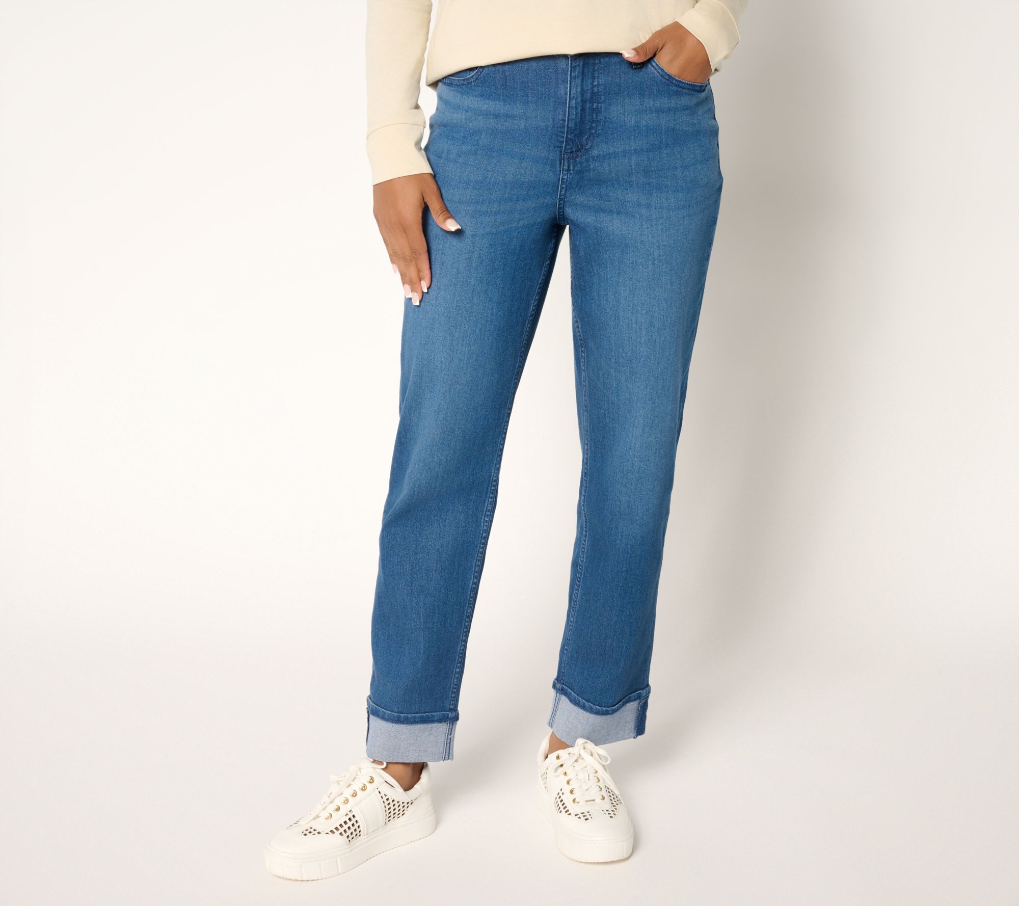 LOGO by Lori Goldstein Petite Indigo Turn-Up Cuff Ankle Jeans